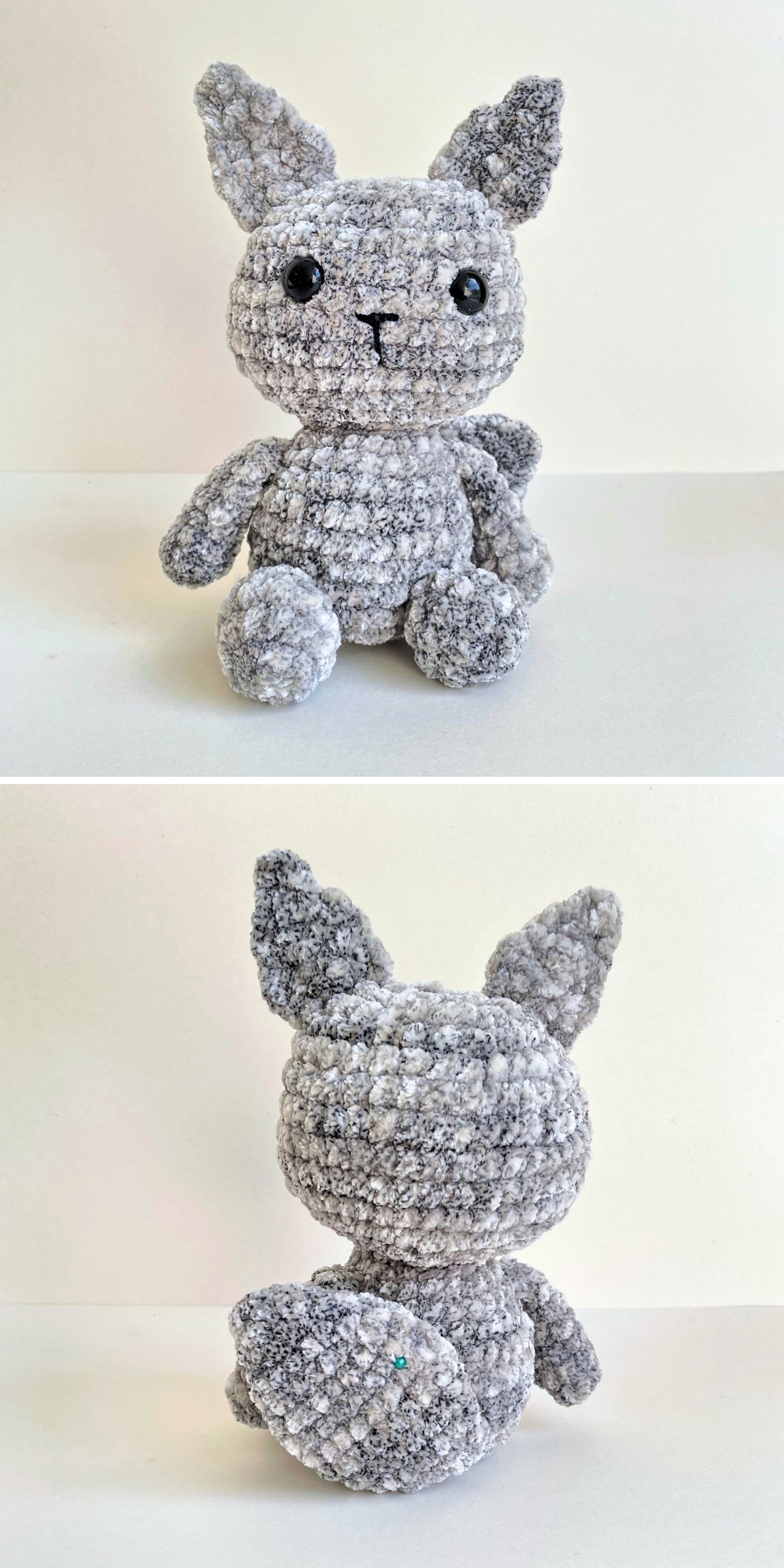 A gray crocheted fox plush toy is shown sitting upright in the first image and lying on its side in the second image against a plain background