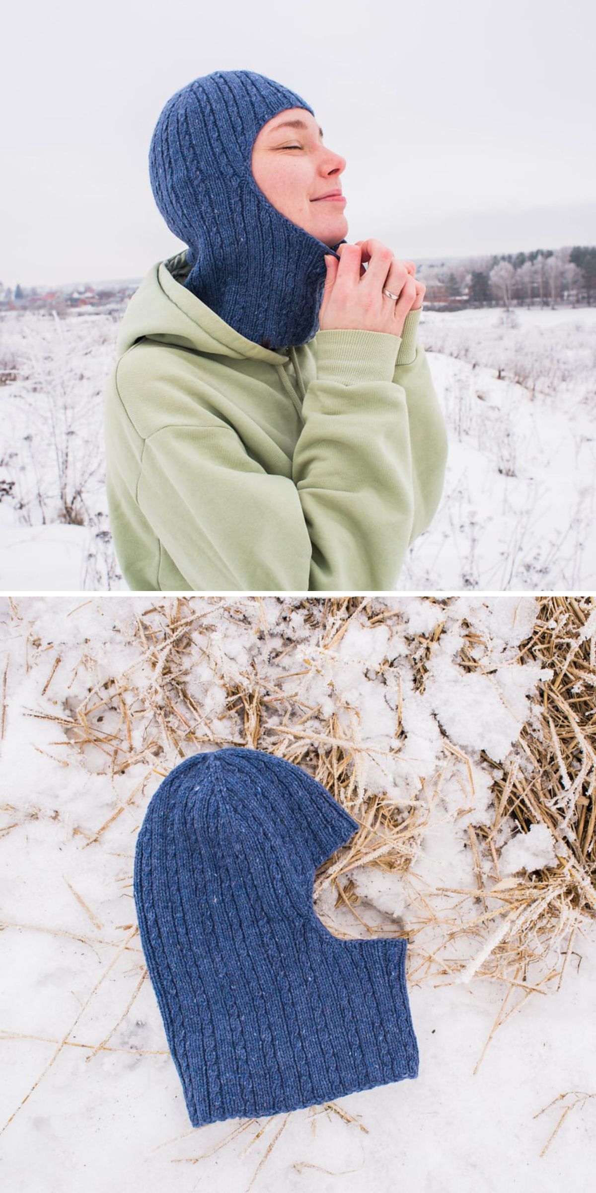 A person wearing a blue knitted balaclava and green hoodie stands outside in the snow; below, the same blue balaclava is shown lying on snowy ground.