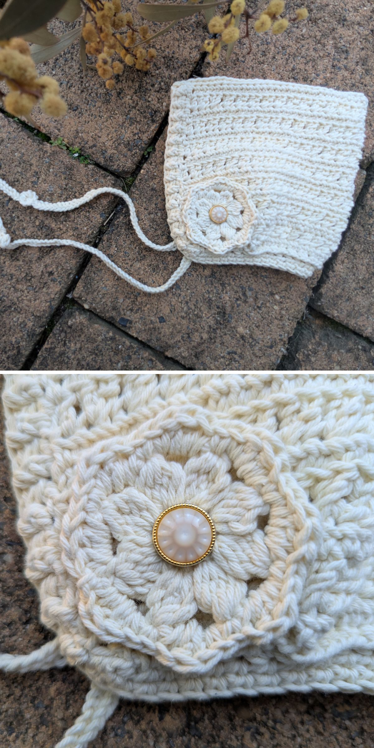 Two photos show a crochet hood styled as an off-white bonnet with a flower motif and a pearl button detail, resting on brown, textured outdoor tiles.