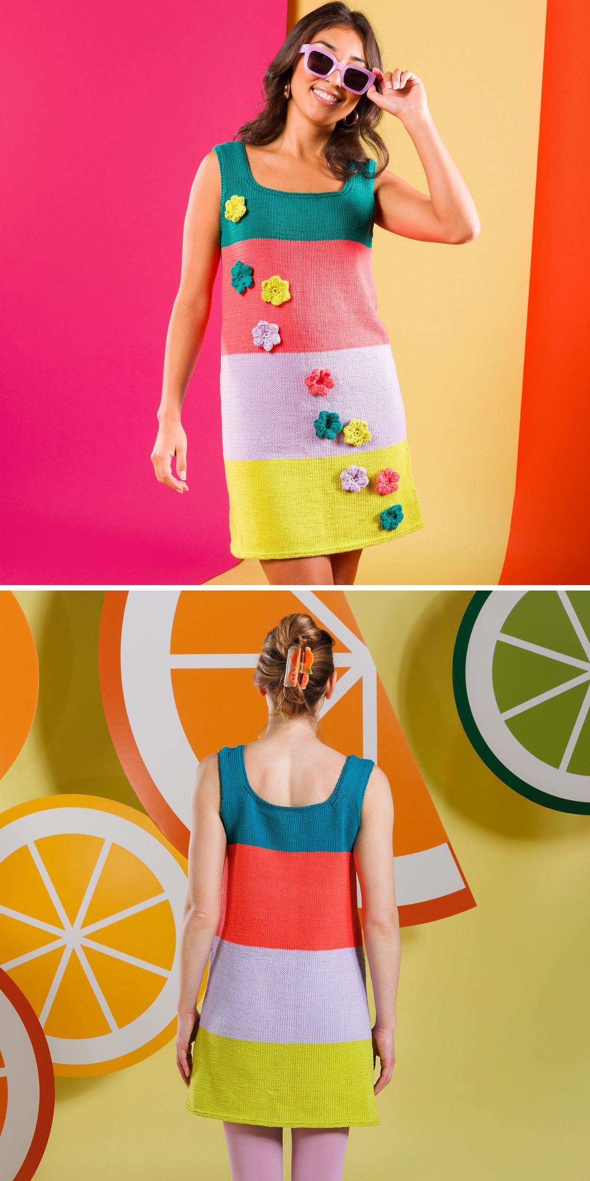 Color-block knitted sleeveless dress in teal, coral, lavender, and yellow stripes, decorated with colorful crochet flower appliqués and modeled against a bright citrus-inspired backdrop.