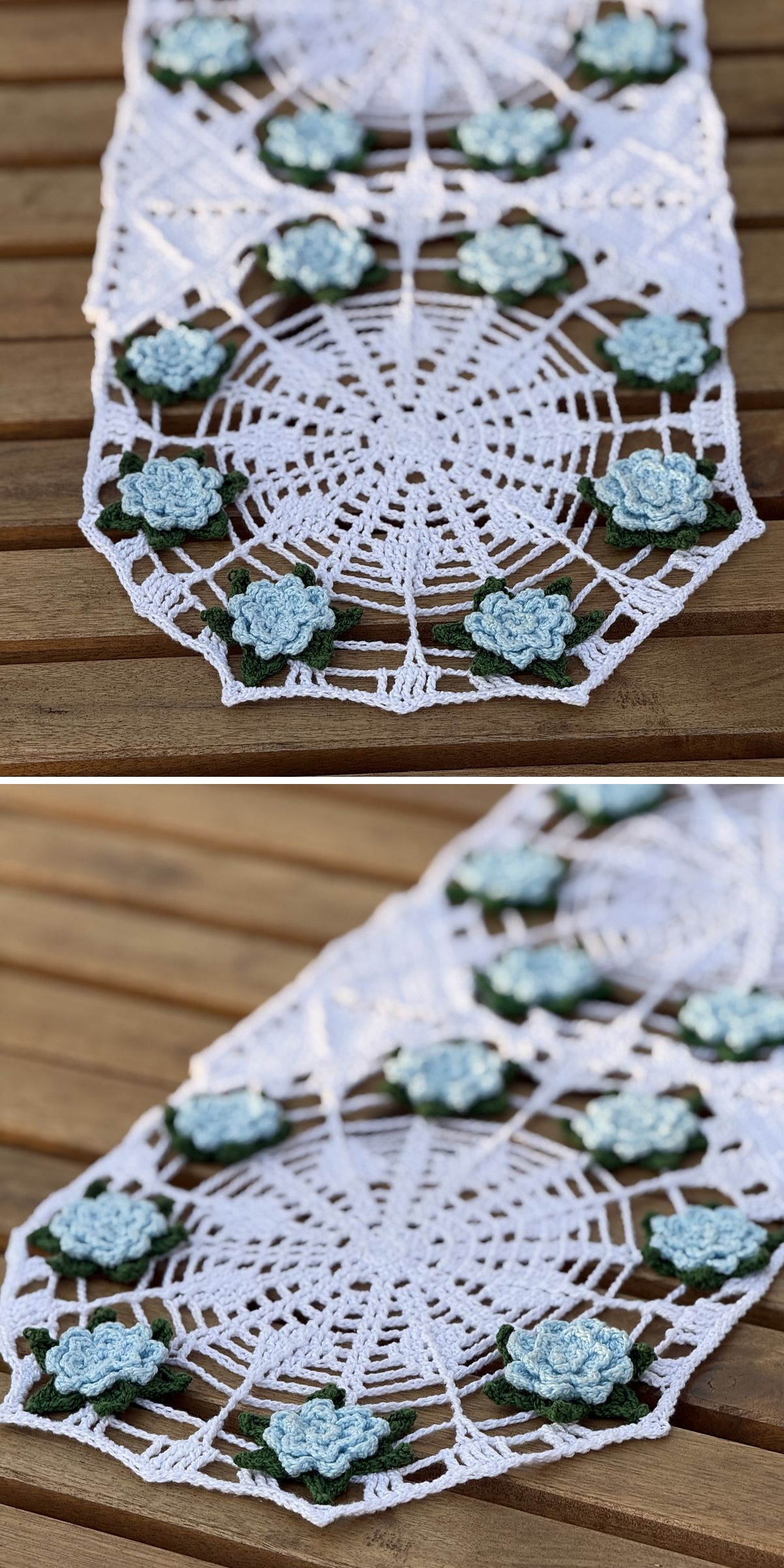 A close-up of a crochet doily with white threads and blue and green flower accents, displayed on a wooden surface.