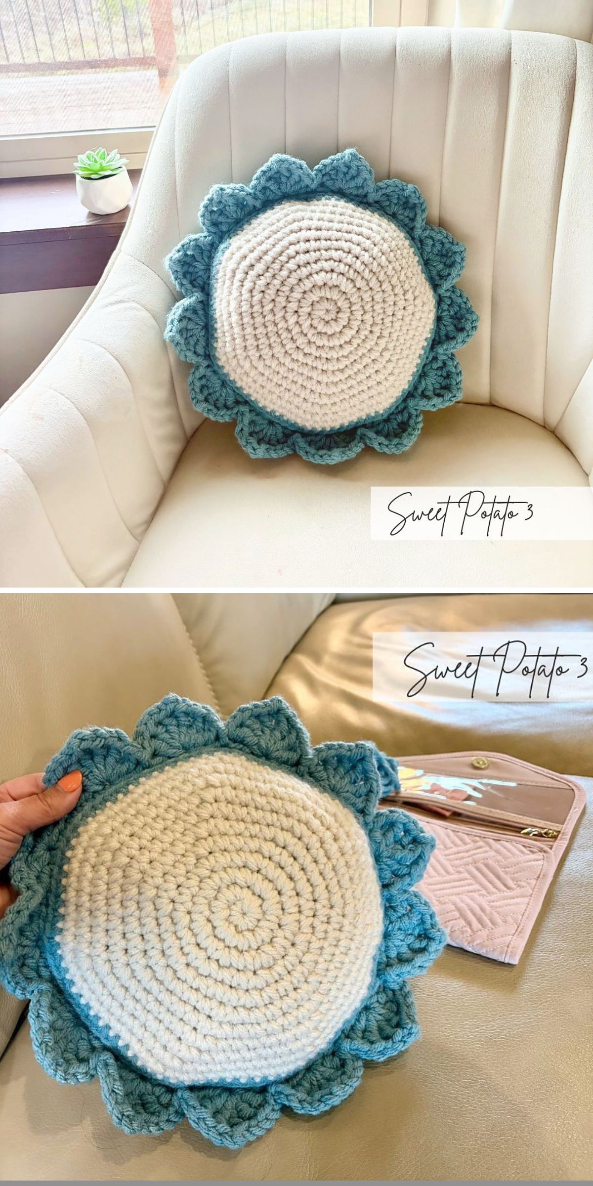 Round crochet flower pillow with a cream center and blue petal border, displayed on a white armchair and sofa.