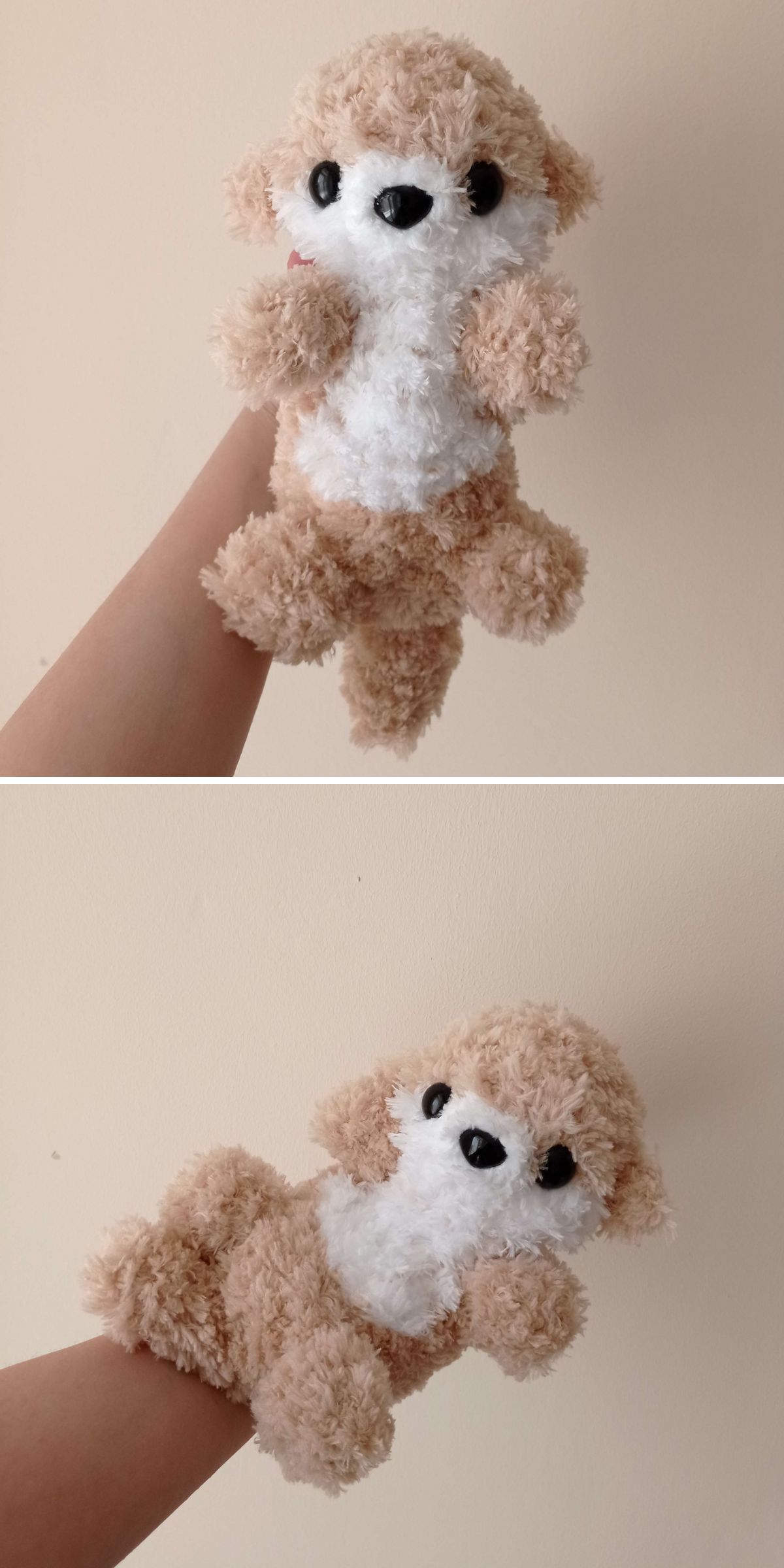 a cute fluffy crochet otter toy with beige body and white belly and face