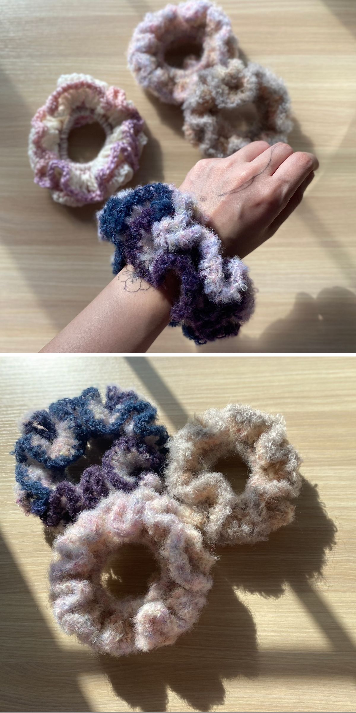 a set of three fluffy crochet scrunchies in grey, beige, and pale pink colors