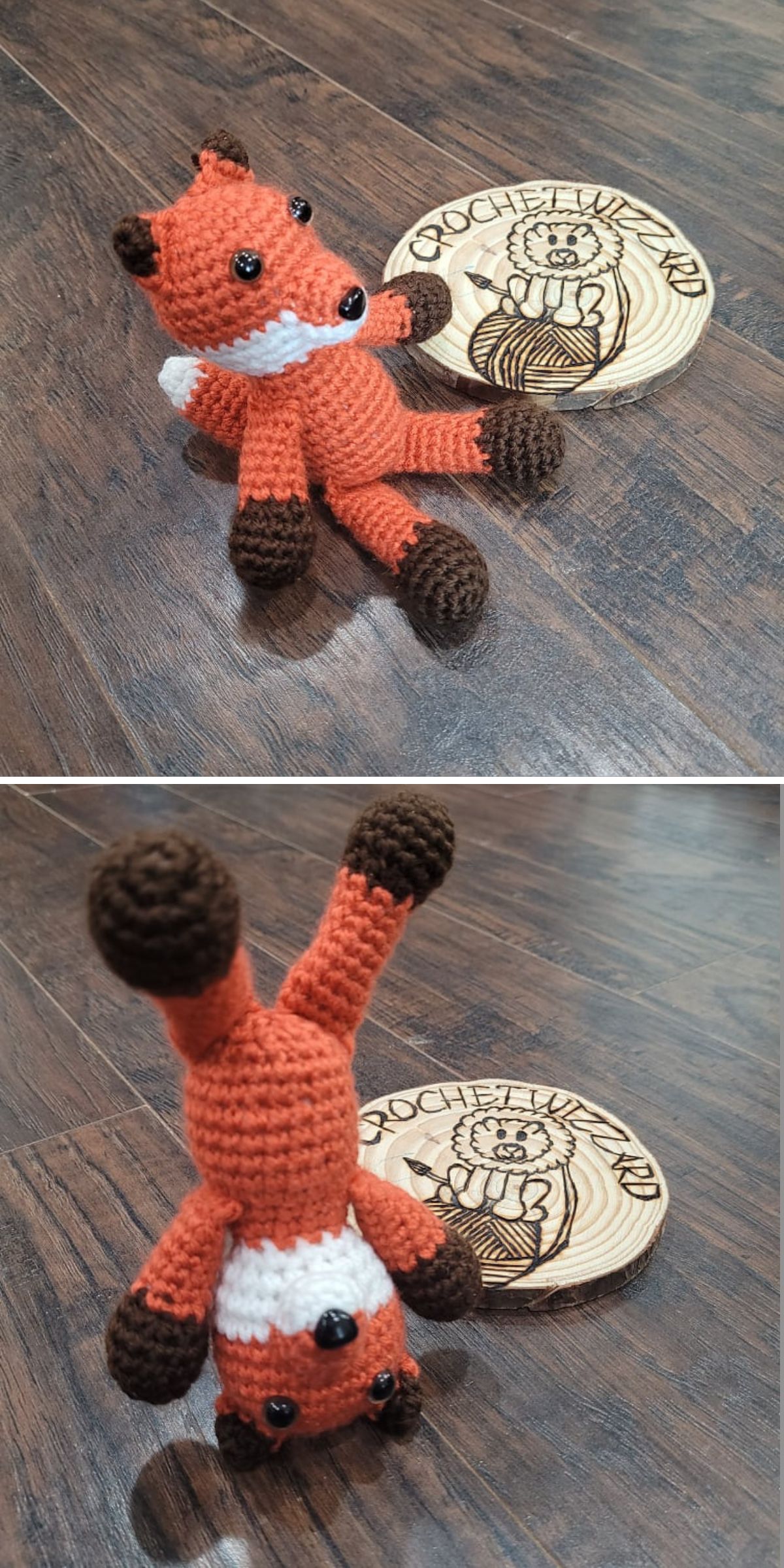 Two images of a crochet fox plushie sitting upright and doing a handstand on a wooden floor, with a round wooden "CROCHETWIZARD" plaque in the background.