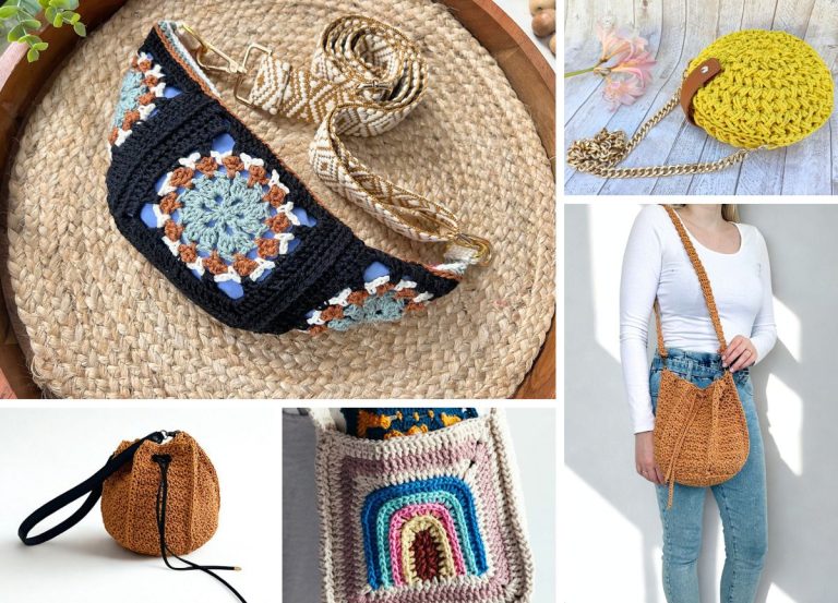 A collage of five crocheted bags in different styles and colors, including a chic crochet crossbody bag, displayed on various backgrounds with a model showcasing one of the bags.