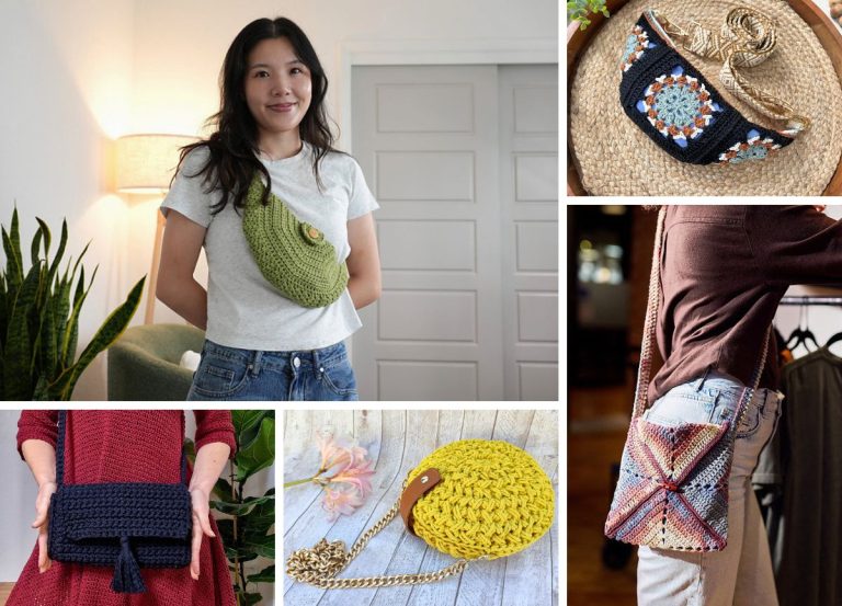 A collage of five crochet bags in various colors and styles, featuring a standout crochet crossbody bag along with round and clutch designs, beautifully modeled and displayed against different backgrounds.