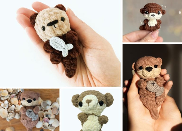 A collage of five photos featuring adorable crochet otter dolls, some holding fish, displayed in hands and nestled among seashells.