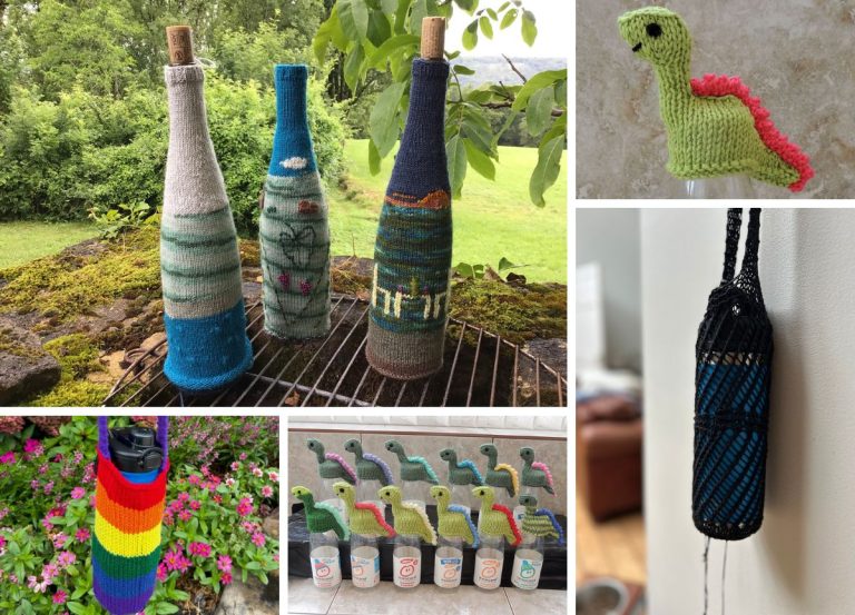 A collage of knitted bottle covers, including Water Bottle Holder designs, and small dinosaur figures in various colors and patterns displayed indoors and outdoors.
