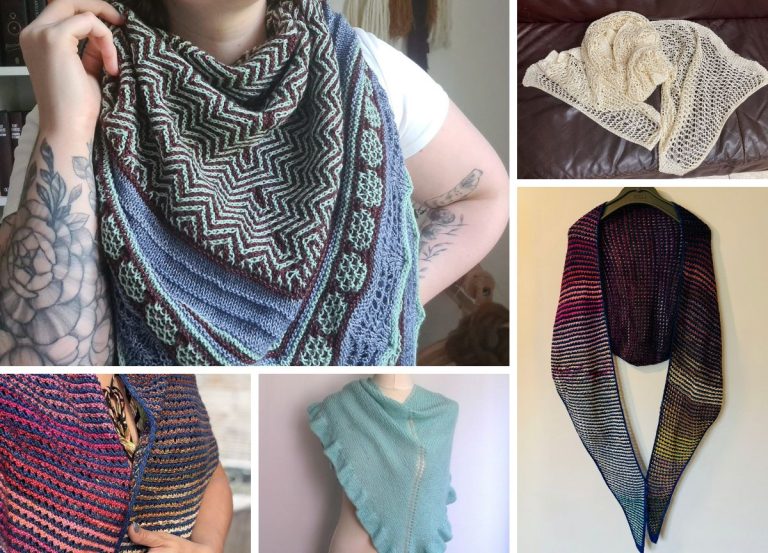 a collage with 5 knit shawls of different colors and patterns