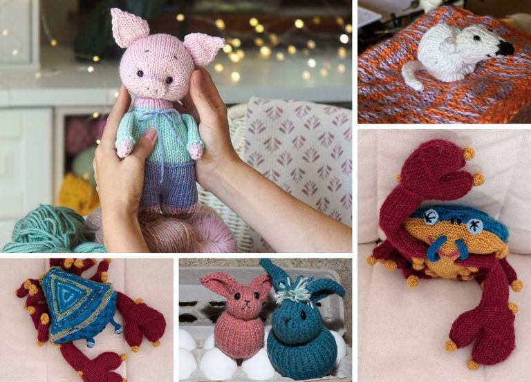 A collage of six knitted animal toys, including a pink pig, a white mouse, a crab, a turtle, and two rabbits, showcases whimsical charm — perfect inspiration for those seeking knit toy patterns or free patterns.