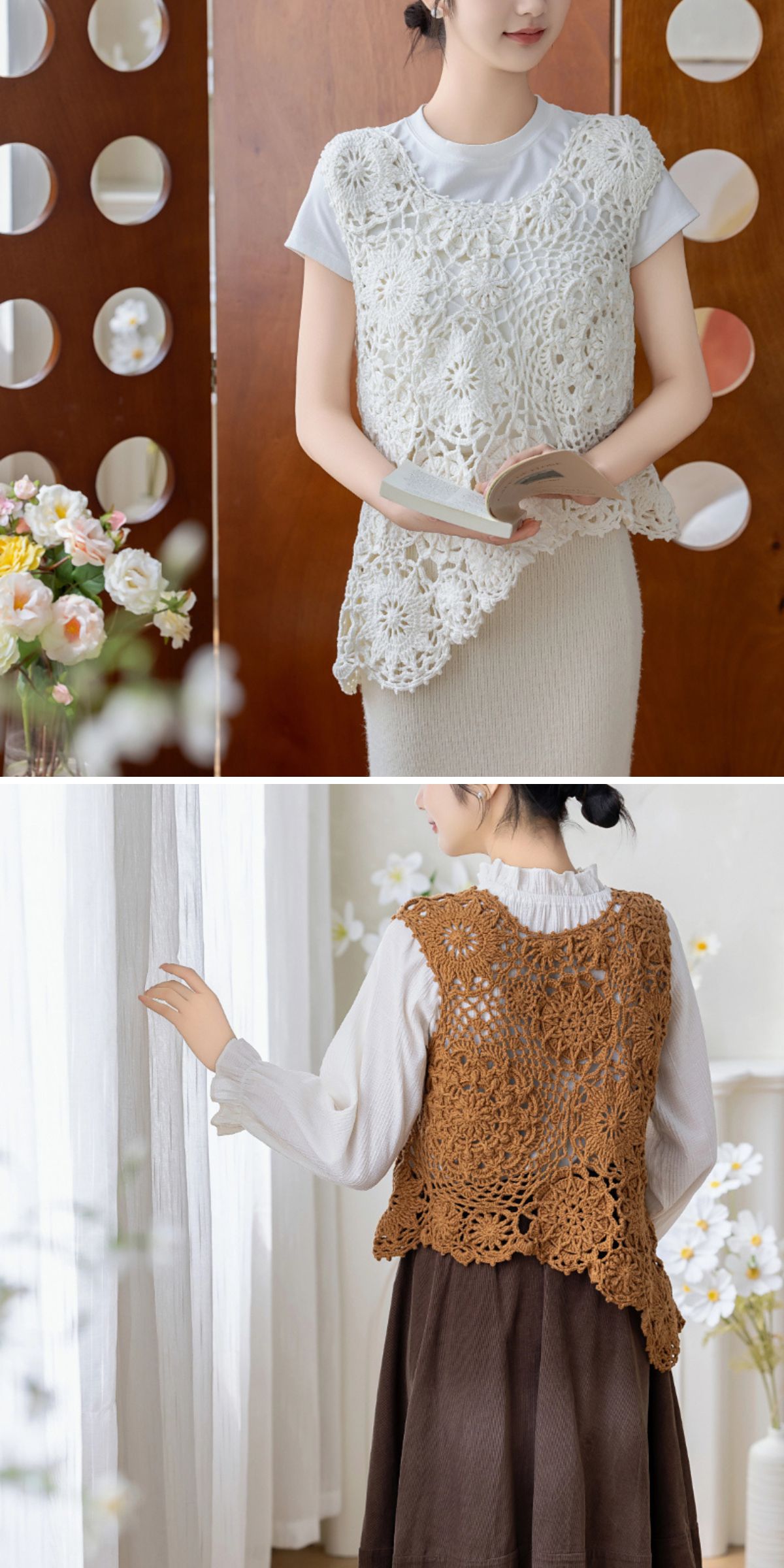 Two women showcase stylish crochet vests: one wears a white crochet vest over an all-white outfit while holding a book, and the other sports a brown crochet vest over a cream top and brown skirt near a window.
