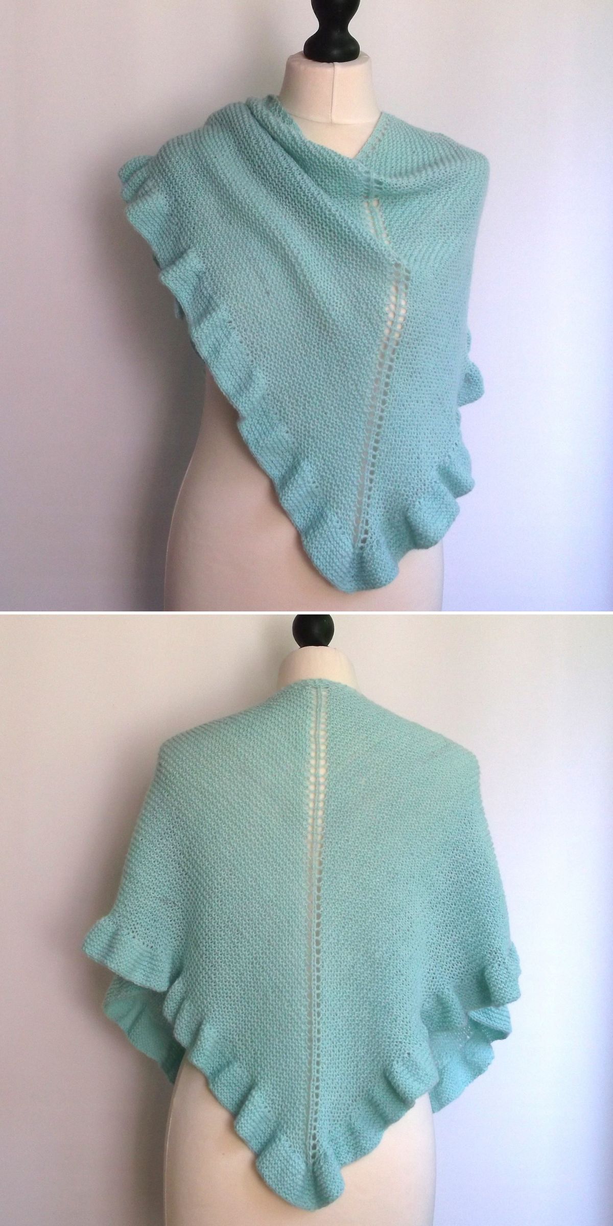 a beautiful turquoise knit shawl with ruffles hung on a mannequin