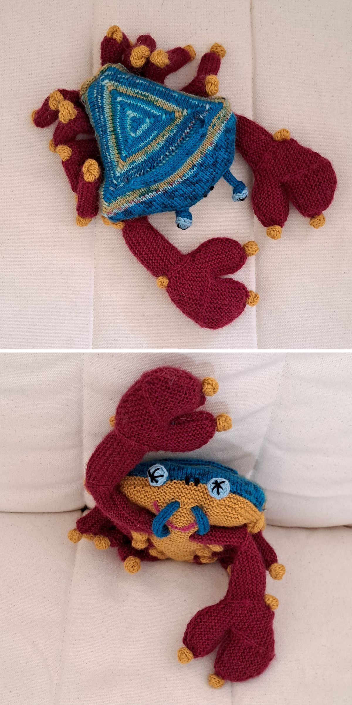 Two photos of a hand-knitted crab plush toy with a blue and yellow body and red claws, shown from above and the front on a beige cushioned surface. A playful addition to any whimsical knit toys collection or inspiration for free knit toy patterns.
