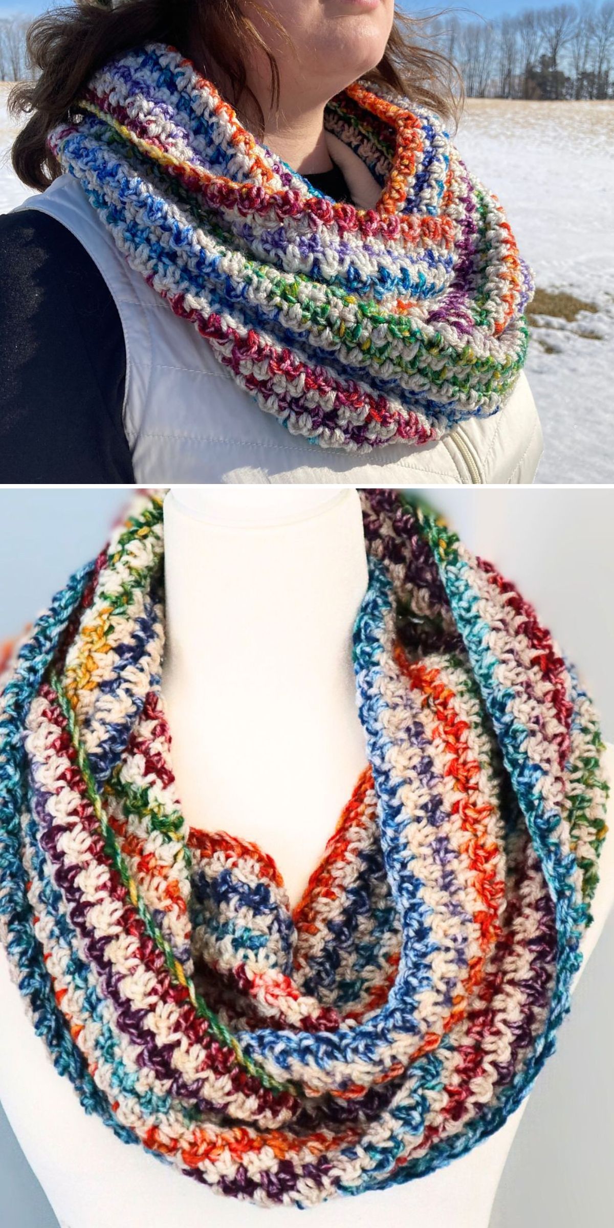 A person wearing a chunky, multicolored Crochet Infinity Scarf cowl outdoors; below, the same cowl is displayed on a white mannequin indoors.