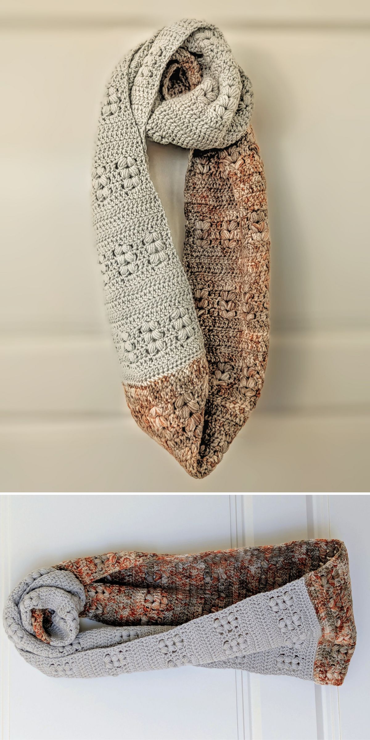 A Crochet Infinity Scarf featuring a light gray textured pattern and a mottled brown section, photographed hanging in a loop on a neutral background.