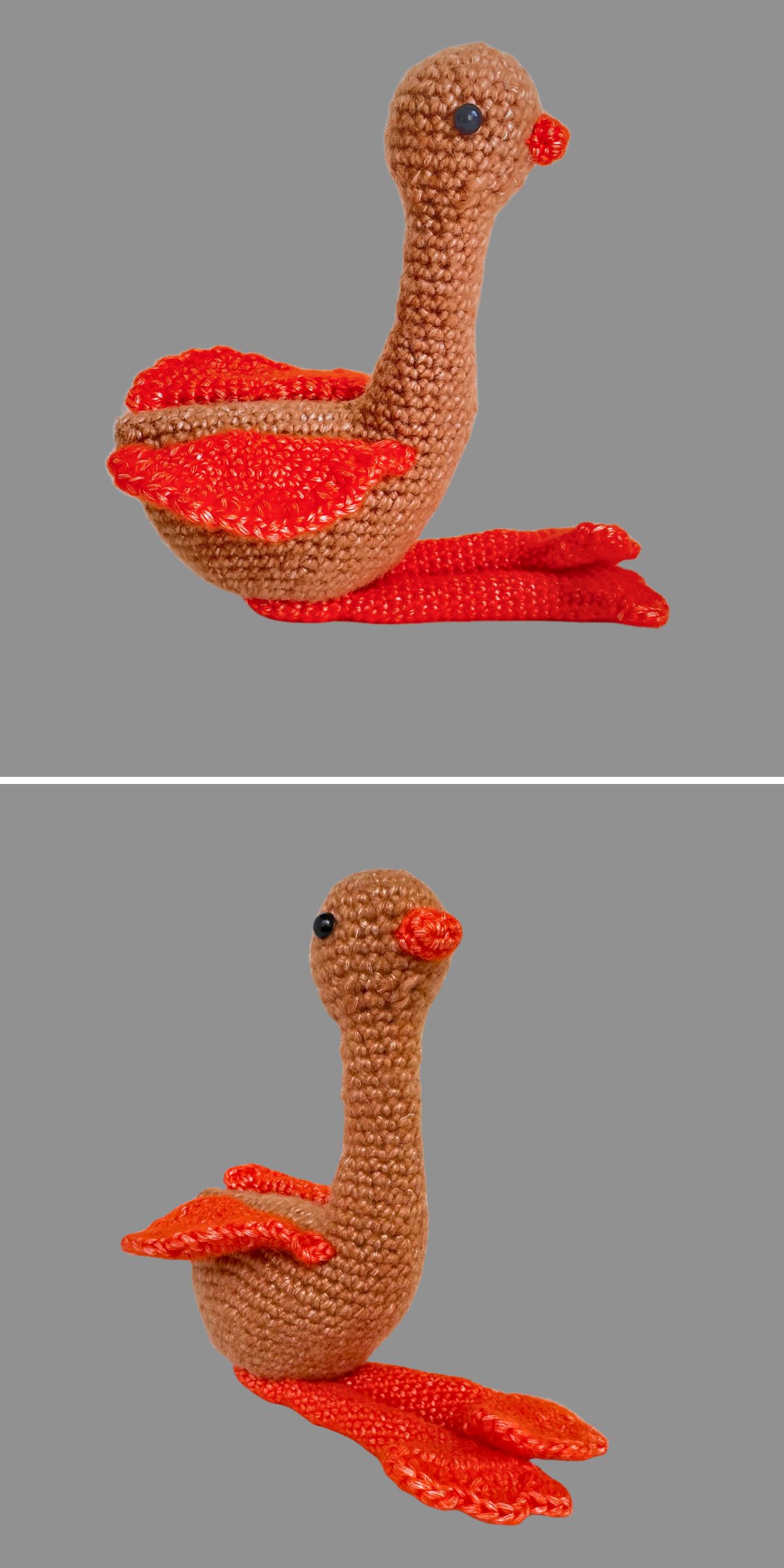 an brown crochet goose with red wings and long legs