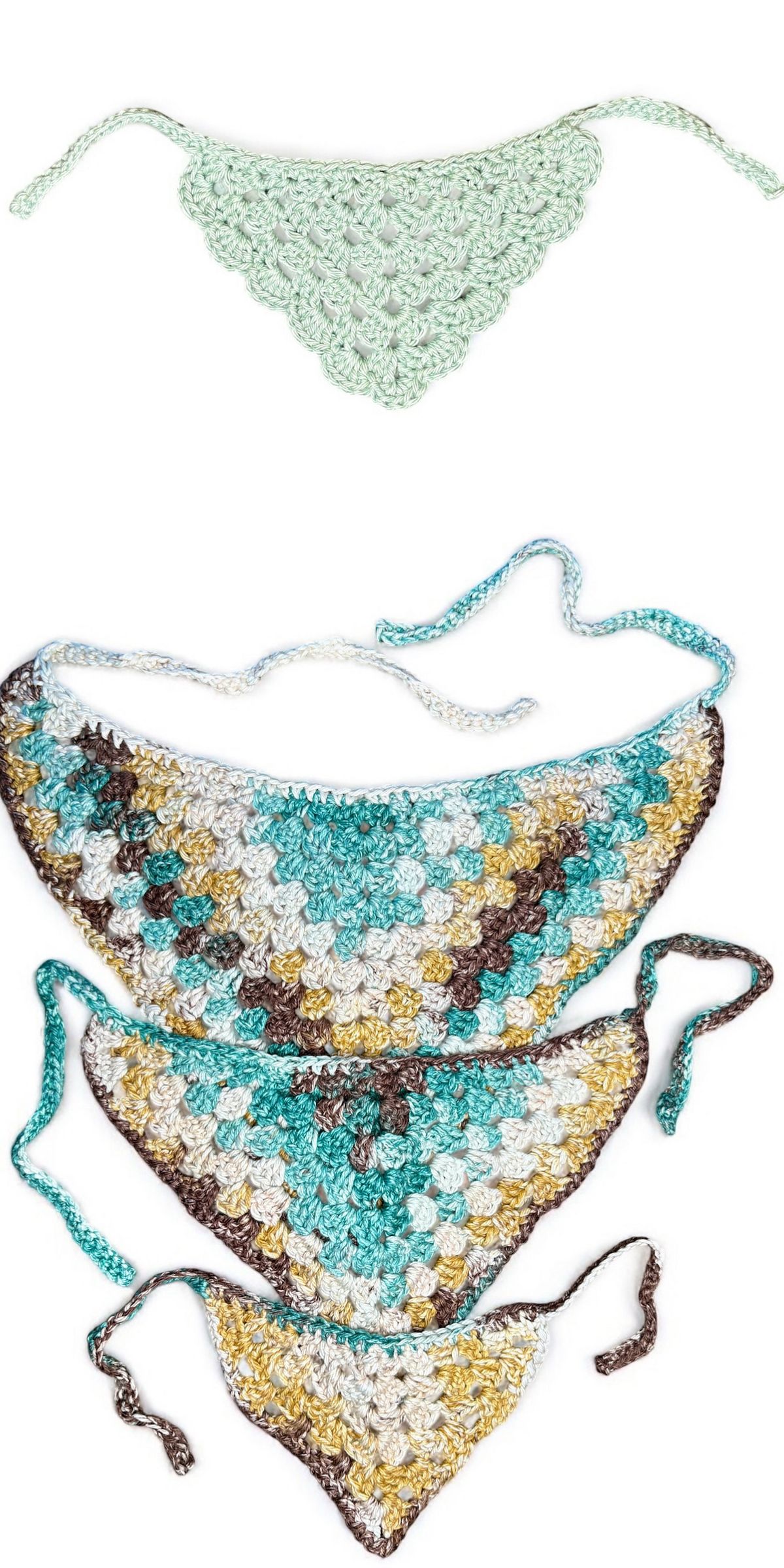 Crochet granny stitch bandanas in multiple sizes, featuring colorful triangle designs with tie straps for babies, kids, and adults.