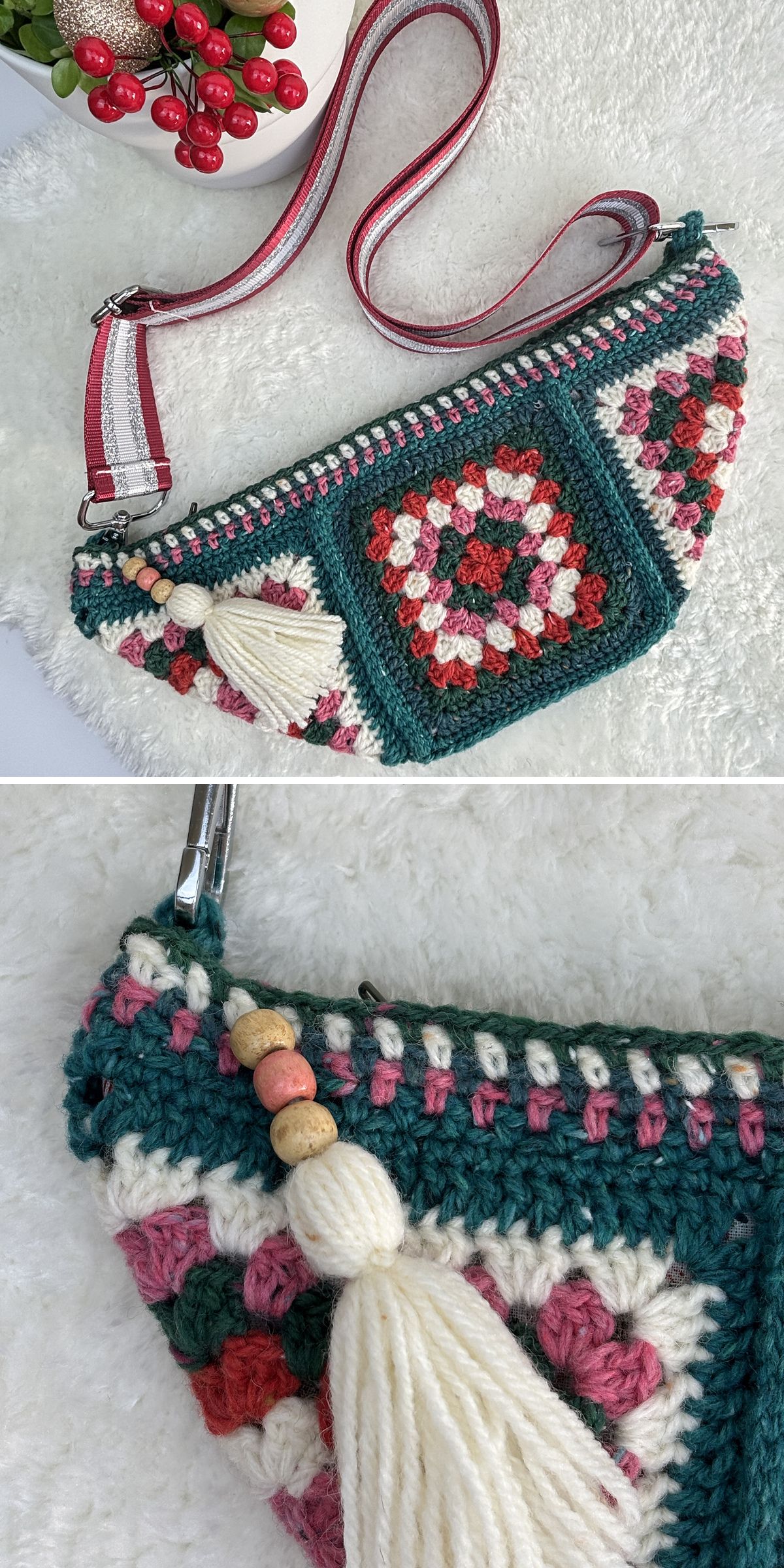 an emerald green with red and white ornaments crochet bum bag made with granny squares