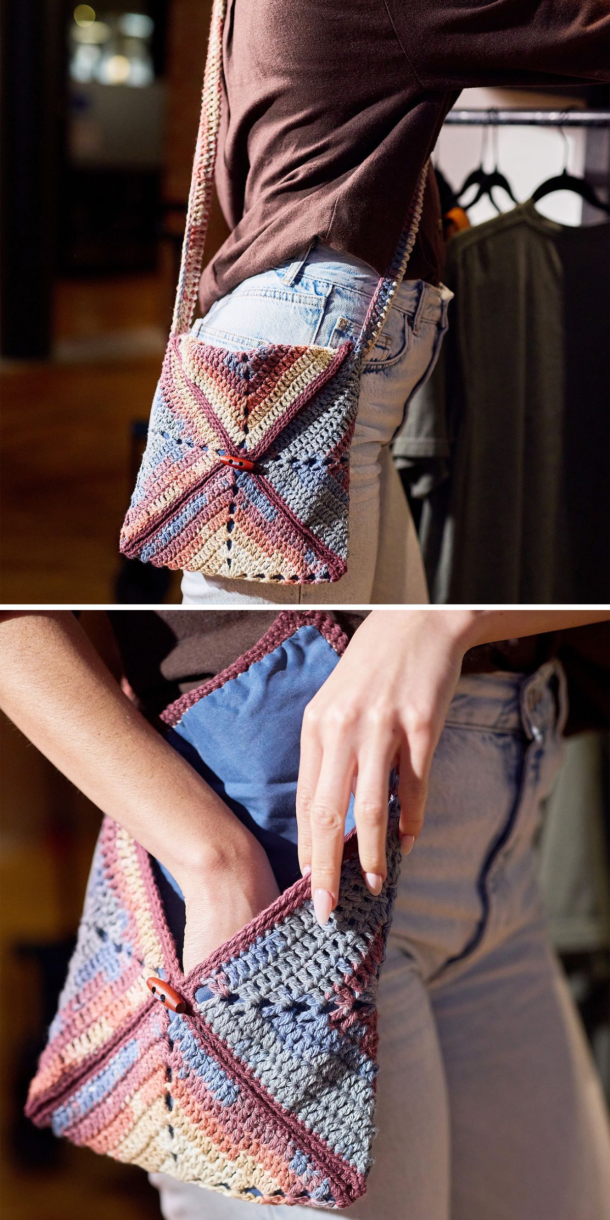a woman demonstrating a gradient crochet granny square crossbody bag