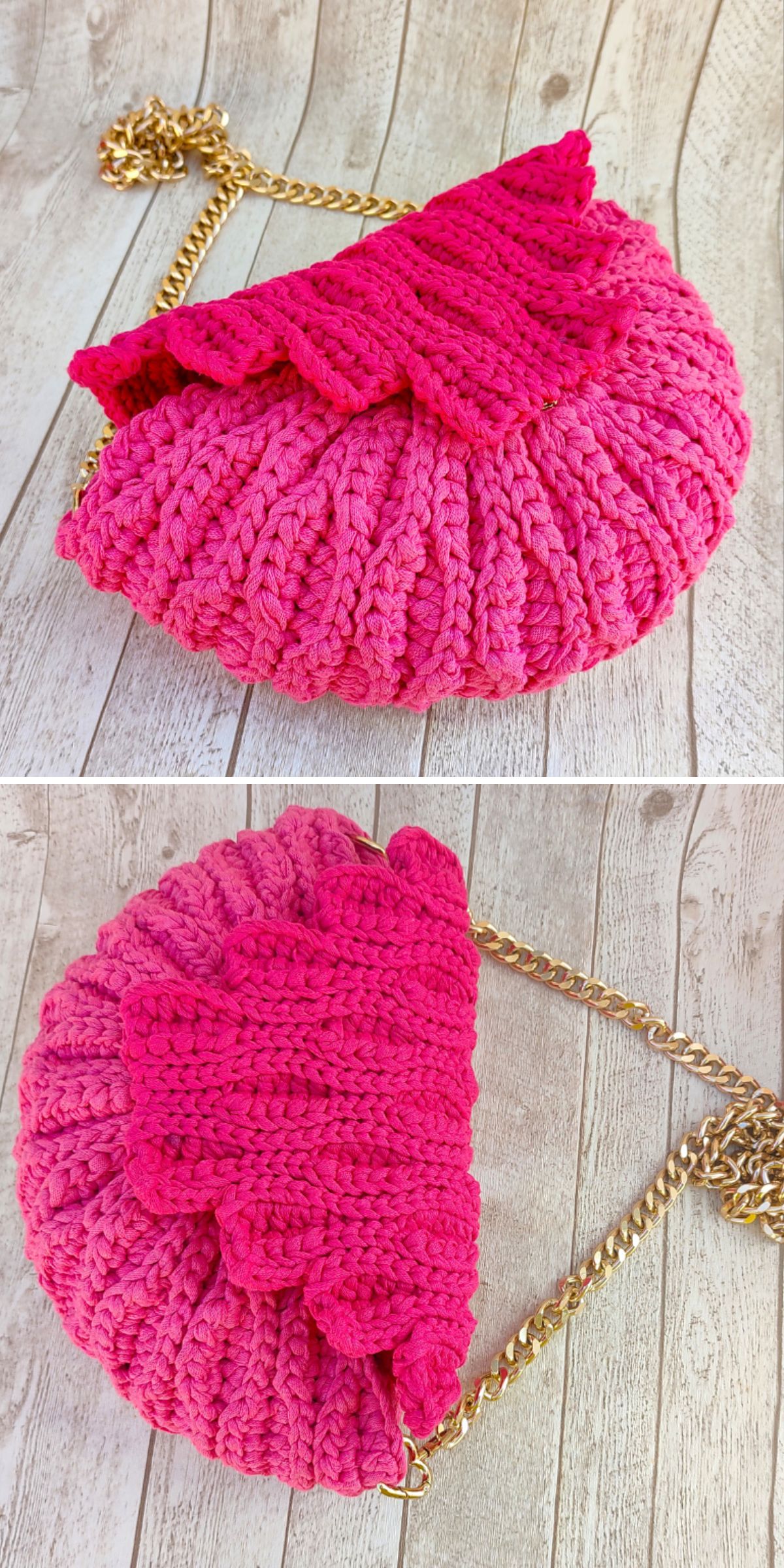 Bright pink crochet half-moon crossbody bag with a gold chain strap, featuring chunky stitches and a textured scalloped flap.