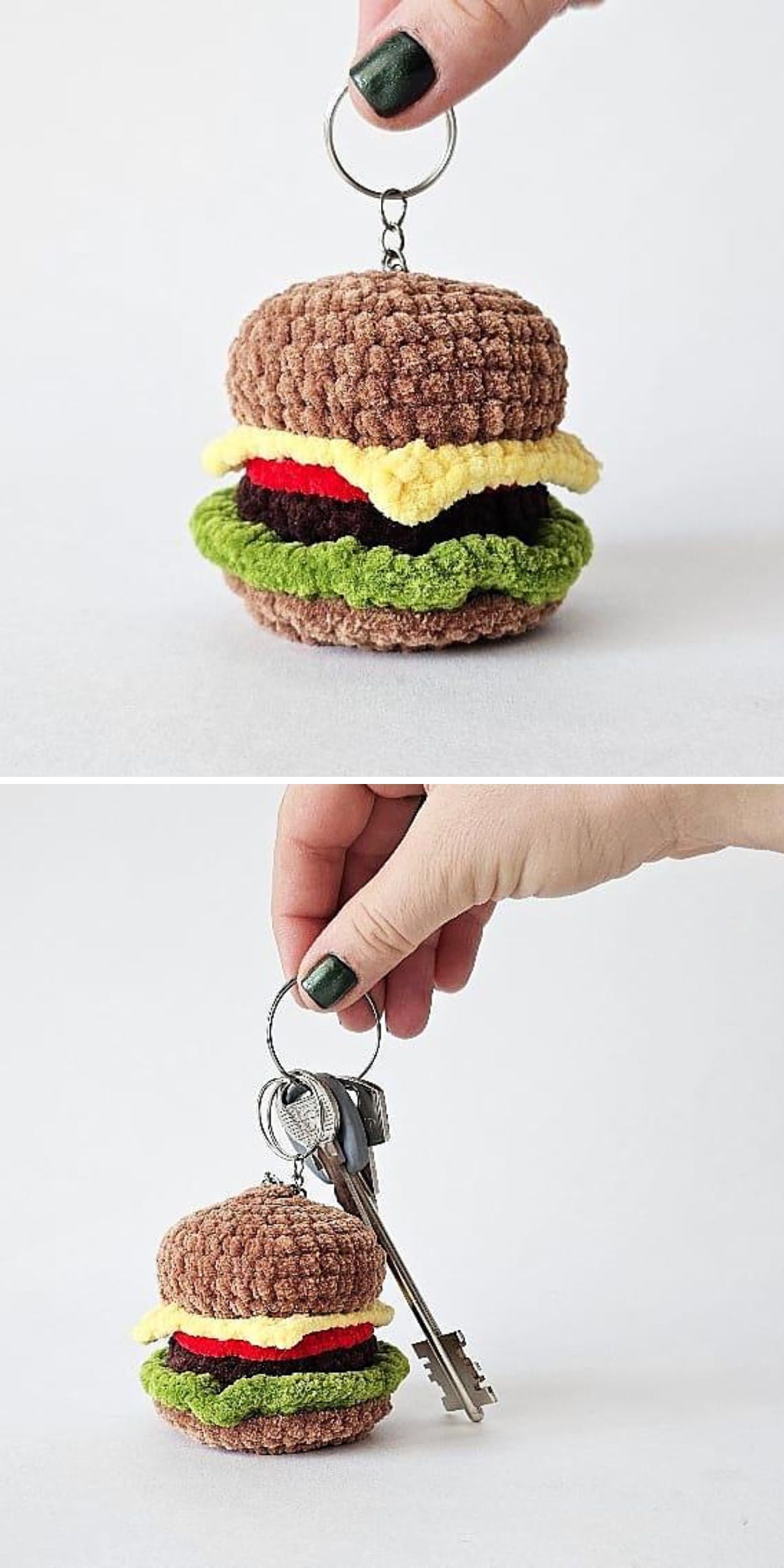 a crochet humburger keychain with attached key