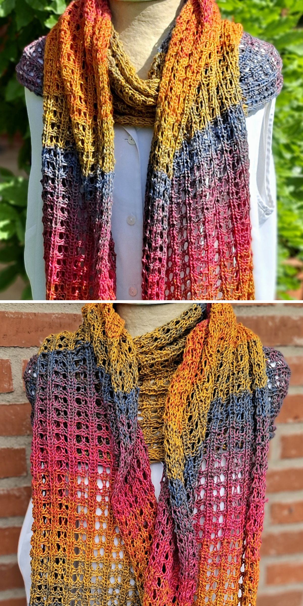 Lightweight knitted lace shawl in warm gradient shades of gold, orange, pink, and gray, draped over a mannequin outdoors.