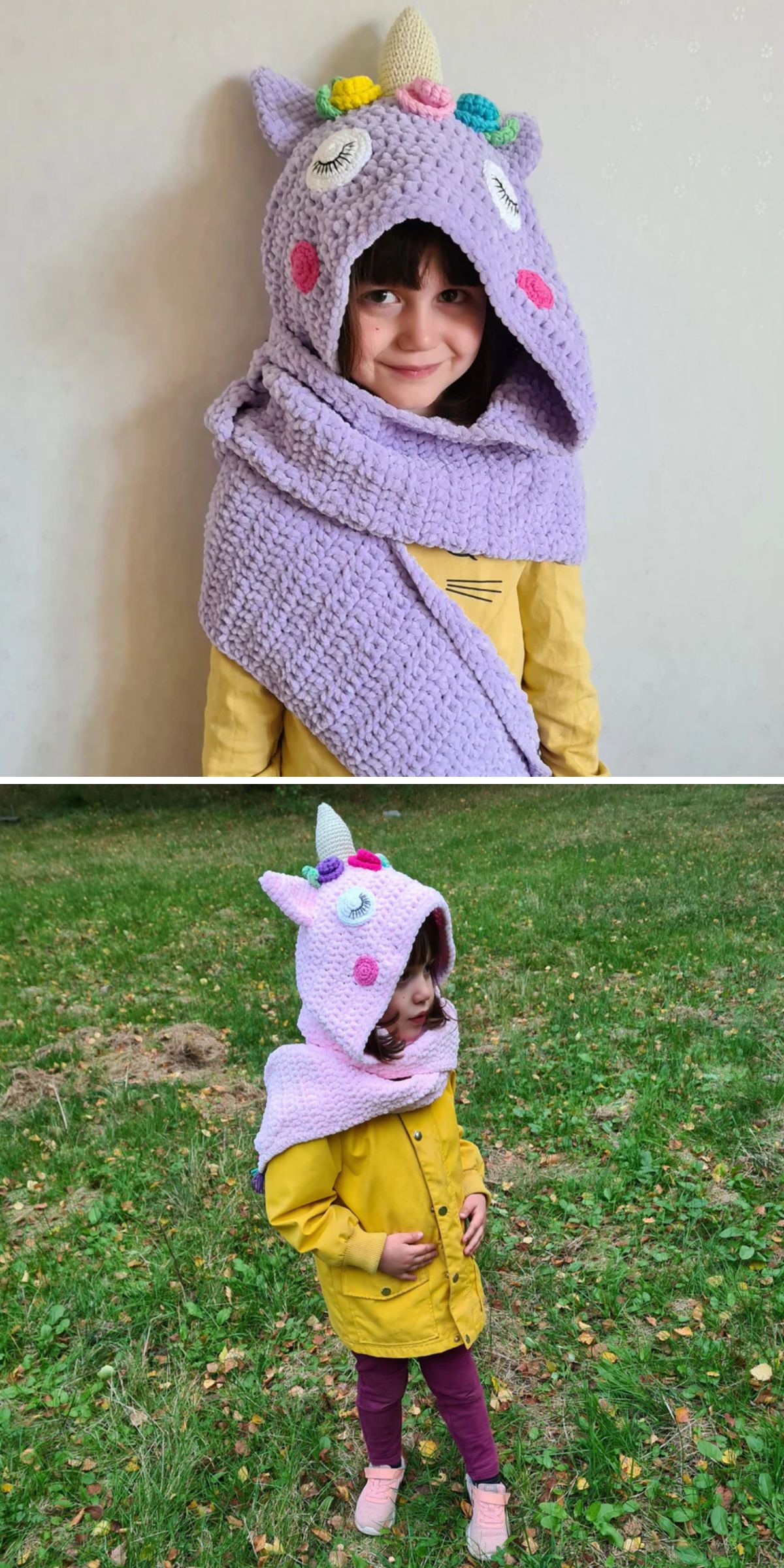 A child wears a yellow coat and a purple crochet hood with unicorn features, standing indoors in the top image and outdoors on grass in the bottom image.