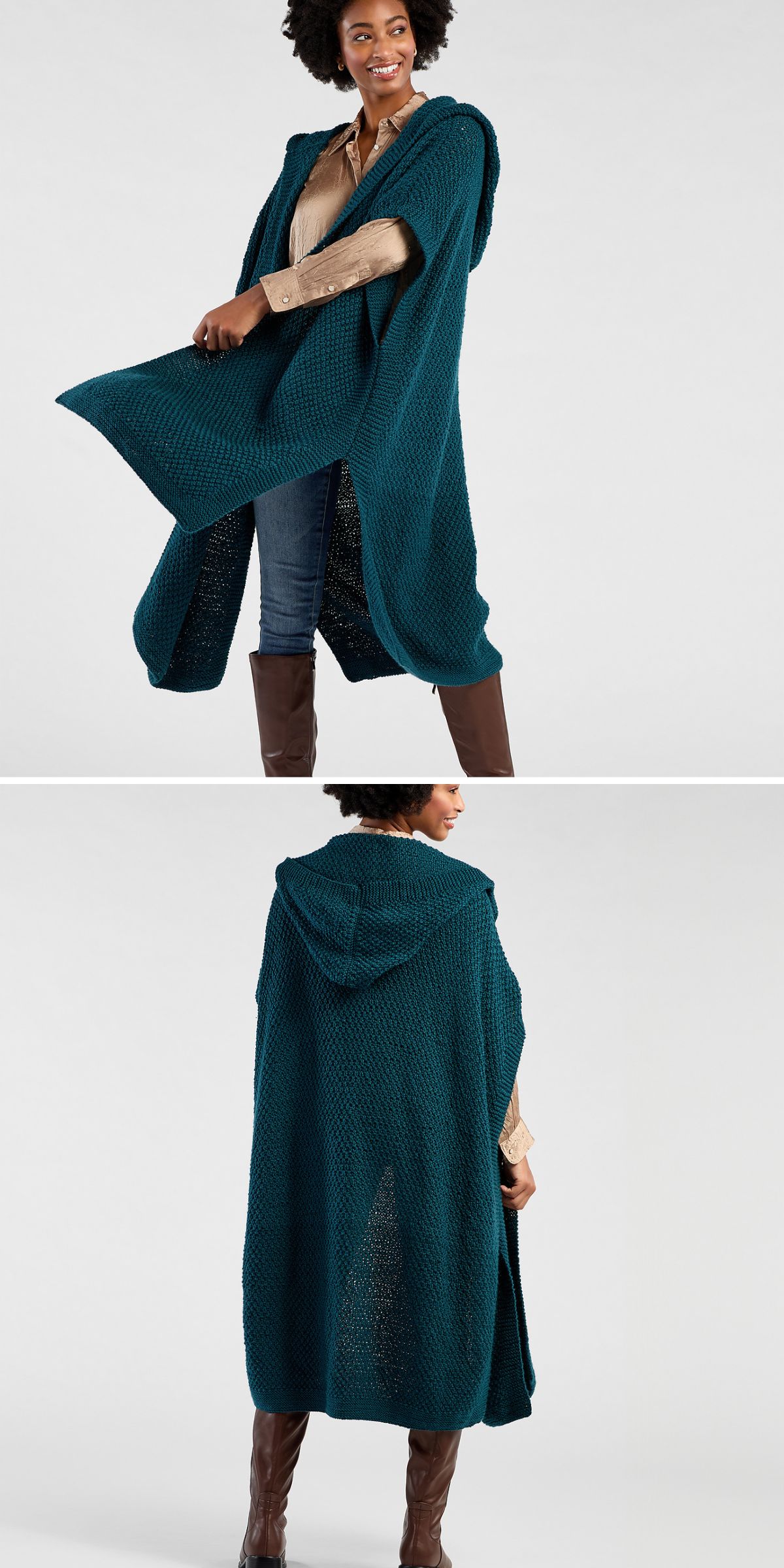 A person wearing a teal, hooded knit cape — crafted from free knitting patterns for wraps — over a tan shirt and jeans, shown from the front and back against a plain background.