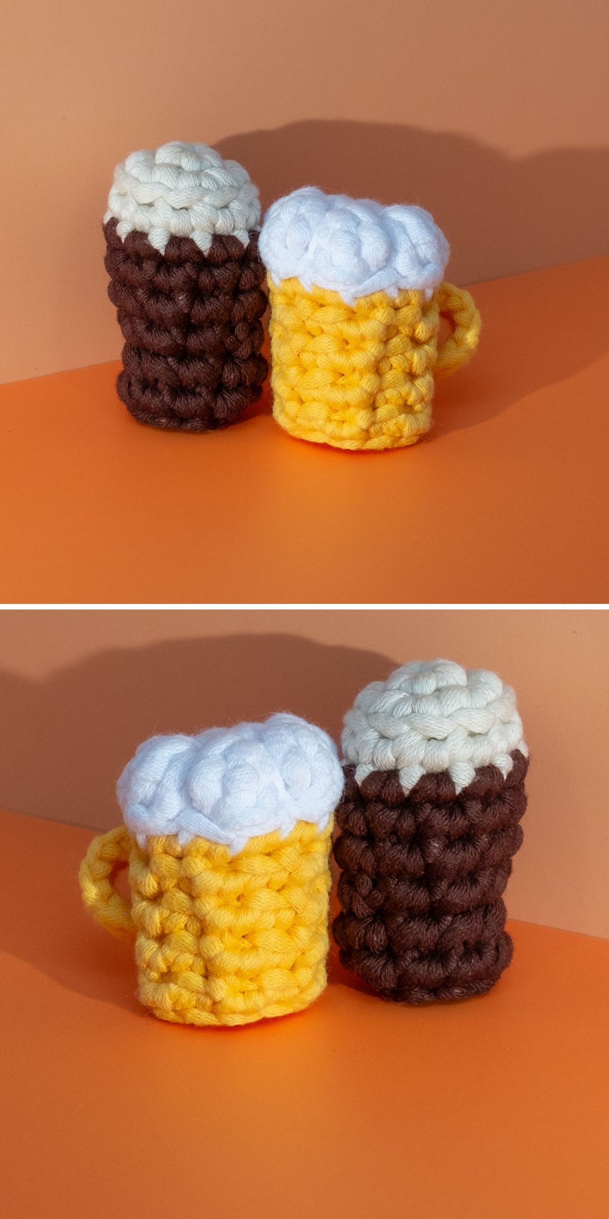 Two crocheted beer mugs, crafted using crochet drink patterns — one yellow and one brown with white foam tops — are placed on an orange surface against an orange background.