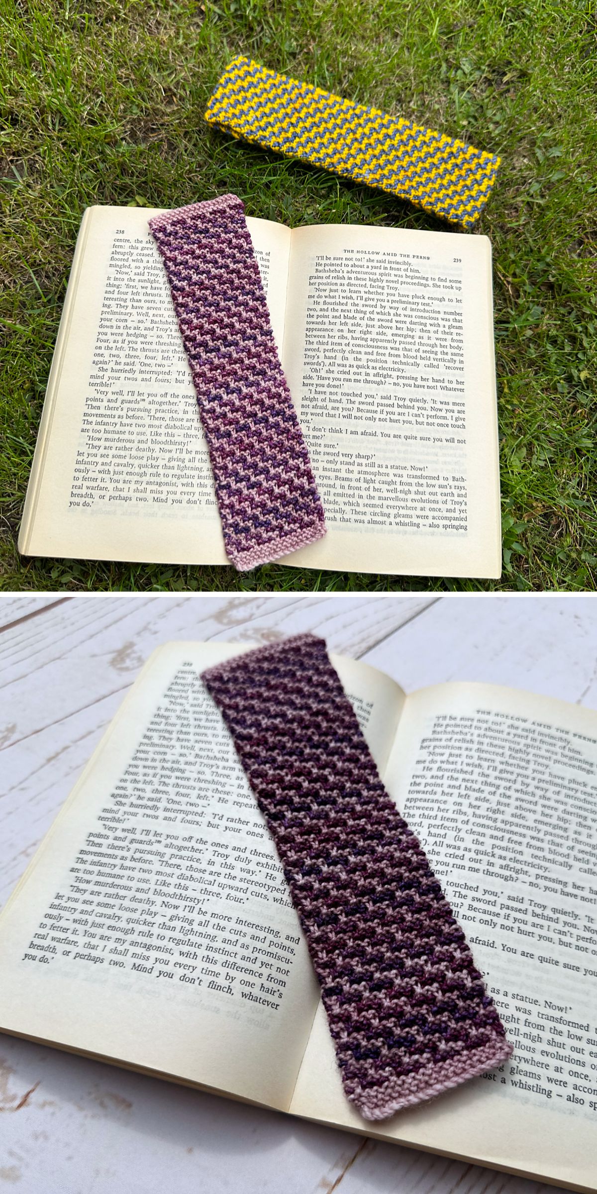Hand-knit bookmark with a textured geometric pattern in purple and pink variegated yarn, displayed across an open book outdoors and indoors.