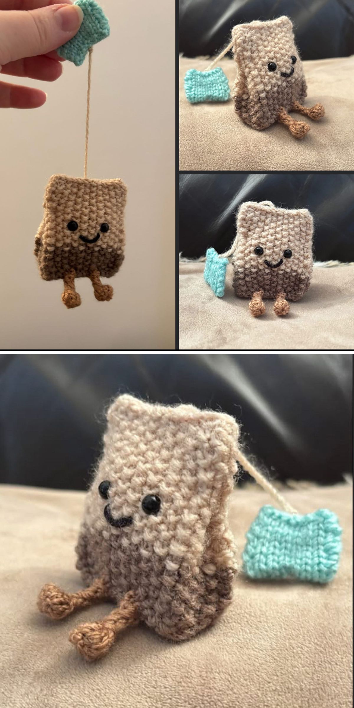 A knitted tea bag plush knit toy with a smiling face, brown legs, and a blue tag, shown from different angles and held up by a hand in one image.