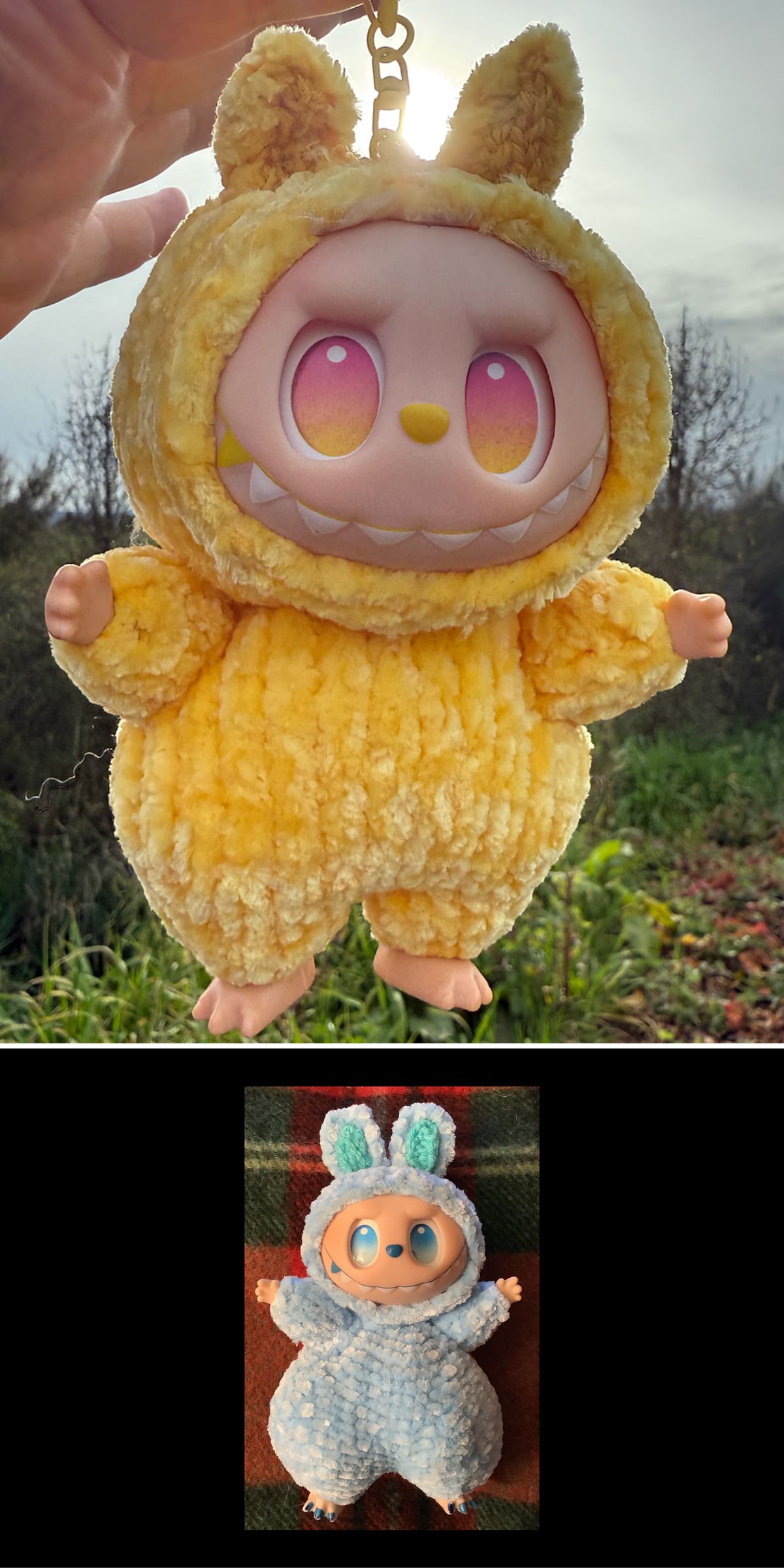 A plush knit Labubu toy with a large head, round eyes, and bunny ears; one image shows it in a yellow outfit outdoors, and another in a blue outfit indoors.