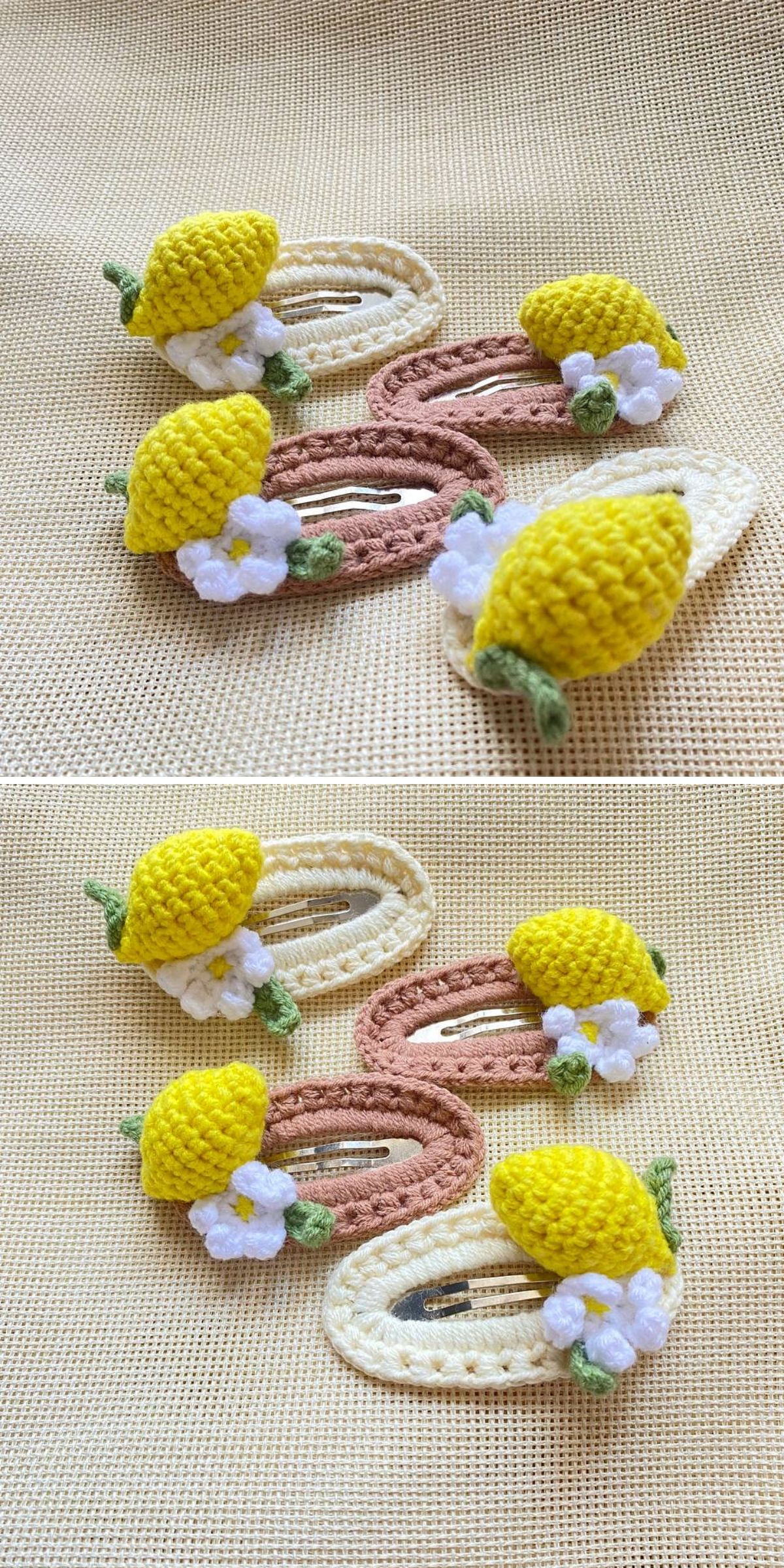 Three crocheted hair clips shaped like yellow lemons with white flowers, displayed on a beige textured surface — playful crochet accessories for a cheerful look.