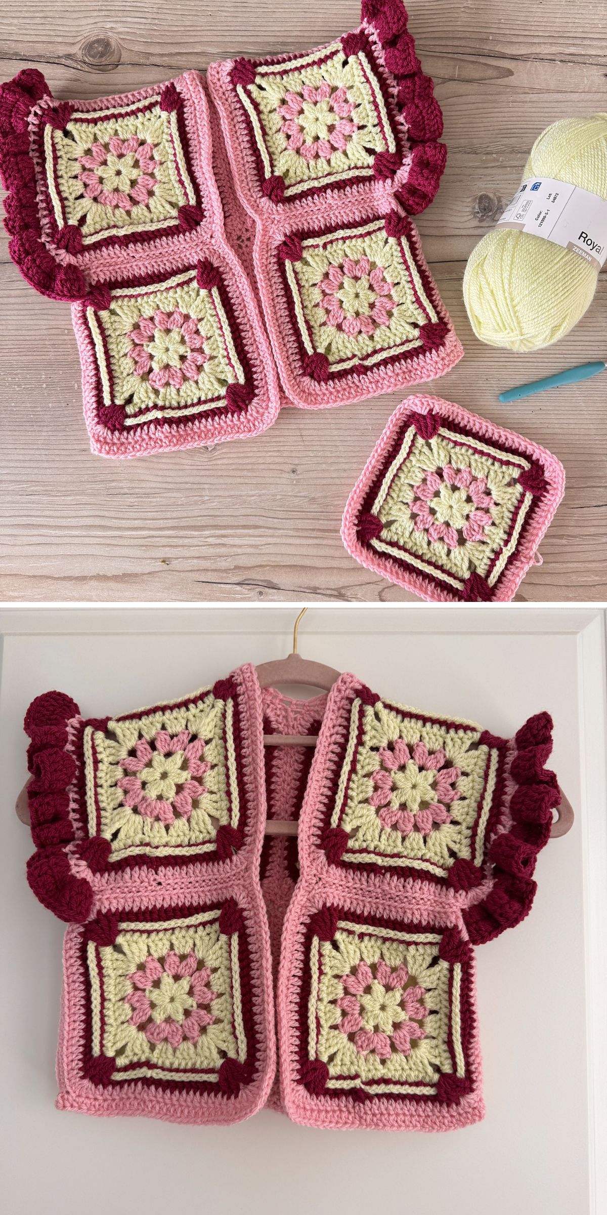 Crochet vest made from floral granny squares in soft pink, cream, and burgundy, featuring ruffled cap sleeves and a charming handmade design.