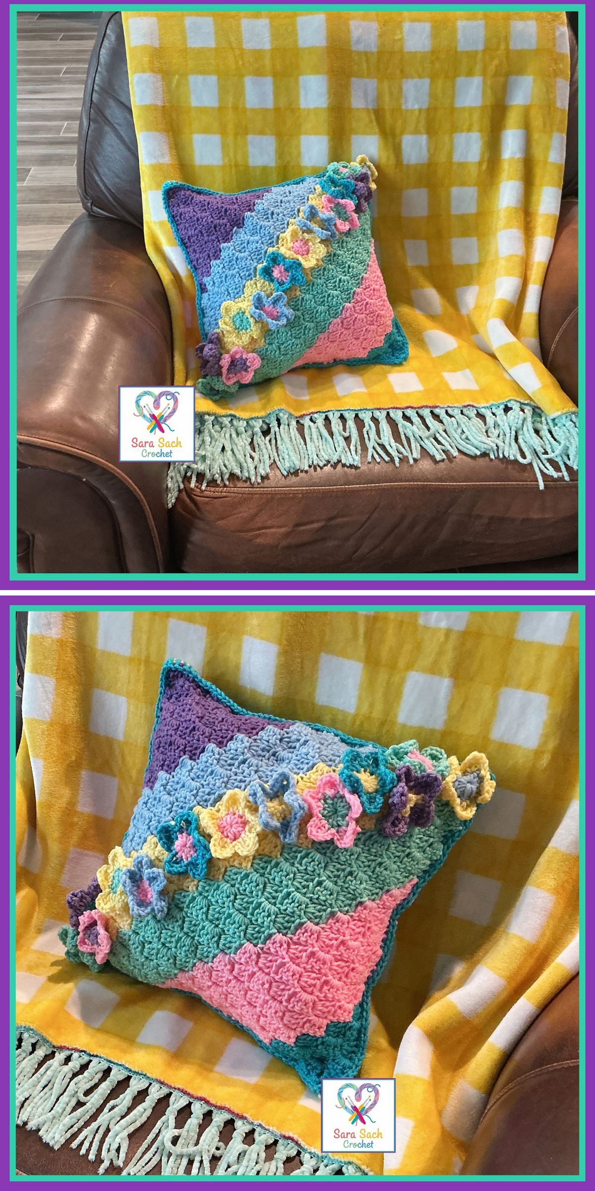 Colorful crochet throw pillow featuring textured flower embellishments and pastel geometric sections, displayed on a chair with a yellow checkered blanket.