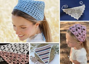 A collage showcasing various crochet bandanas and headscarves in different colors and patterns, worn by women and displayed on flat surfaces.
