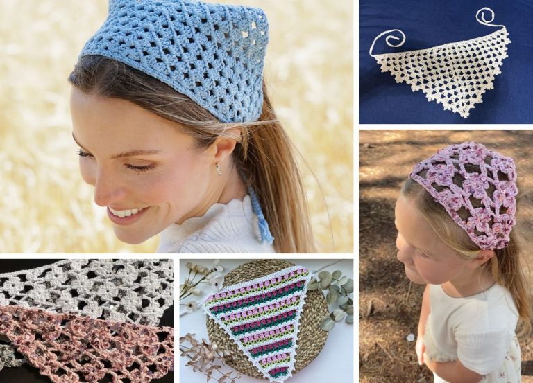 A collage showcasing various crochet bandanas and headscarves in different colors and patterns, worn by women and displayed on flat surfaces.