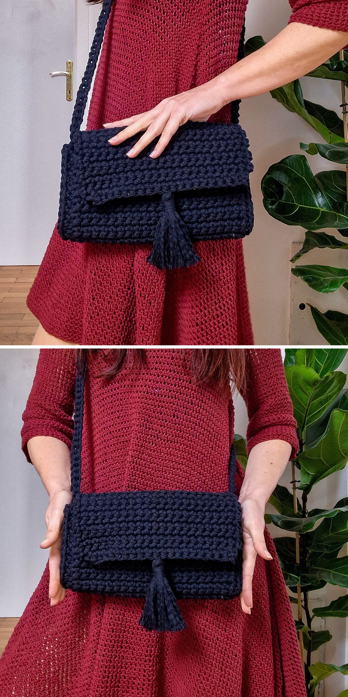 A person in a red knit dress holds a black crochet crossbody bag with a tassel in two different poses, standing in front of a green plant indoors.