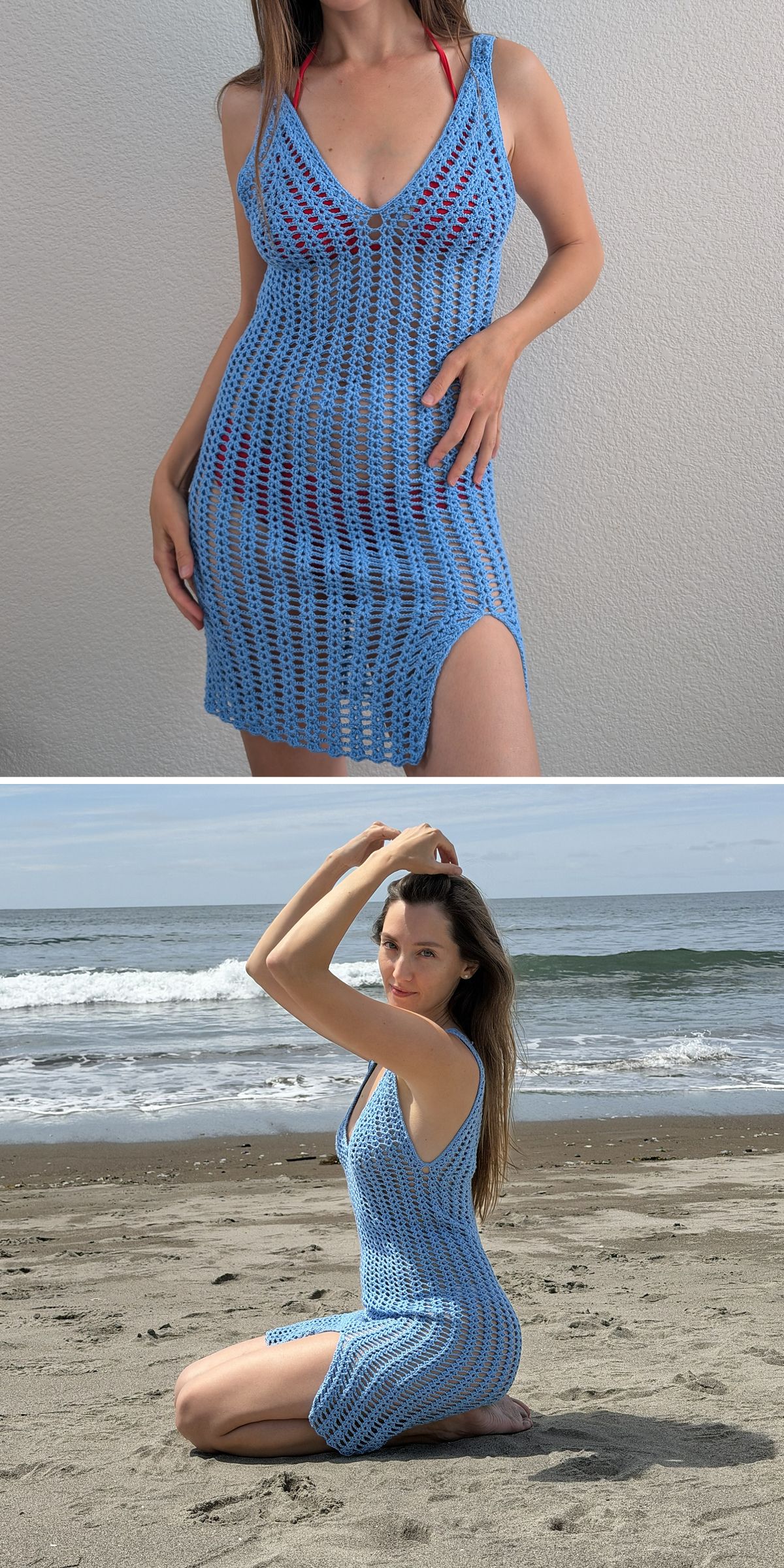 Airy crochet tunic in sky blue with a mesh stitch pattern, designed as a lightweight beach cover-up with a flattering fitted shape.