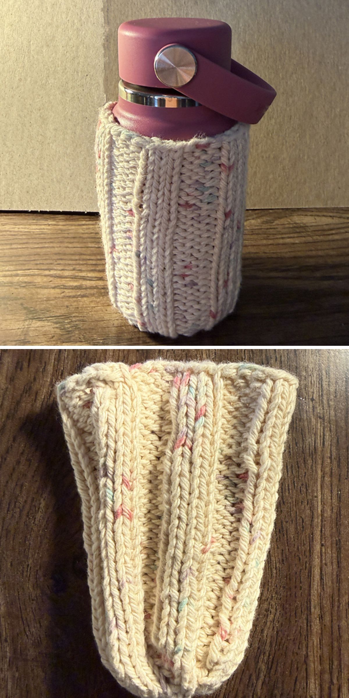 a berry-red water bottle in a beige knit cozy