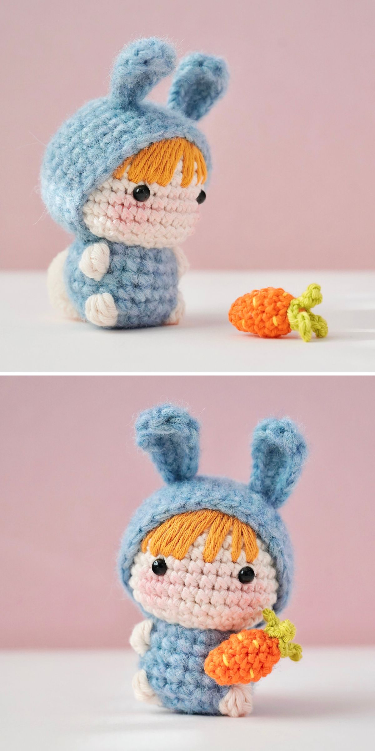 a cute crochet doll in a blue bunny onesie with long ears and a tail, looking at a crochet carrot and holding it