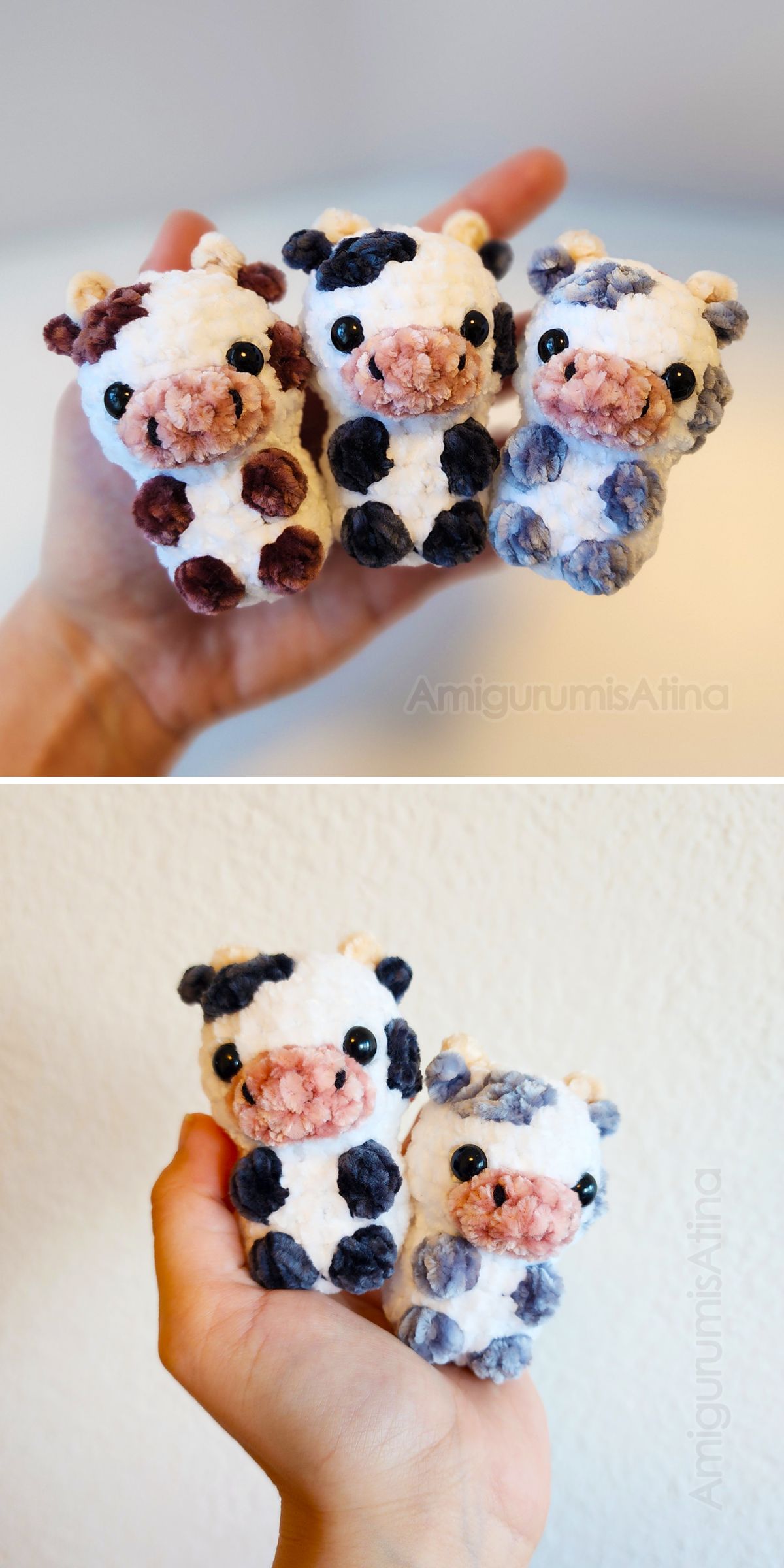 A hand holds three small crochet cows with brown, black, and gray spots. Another hand displays two more crochet cows of the same style on a plain background.