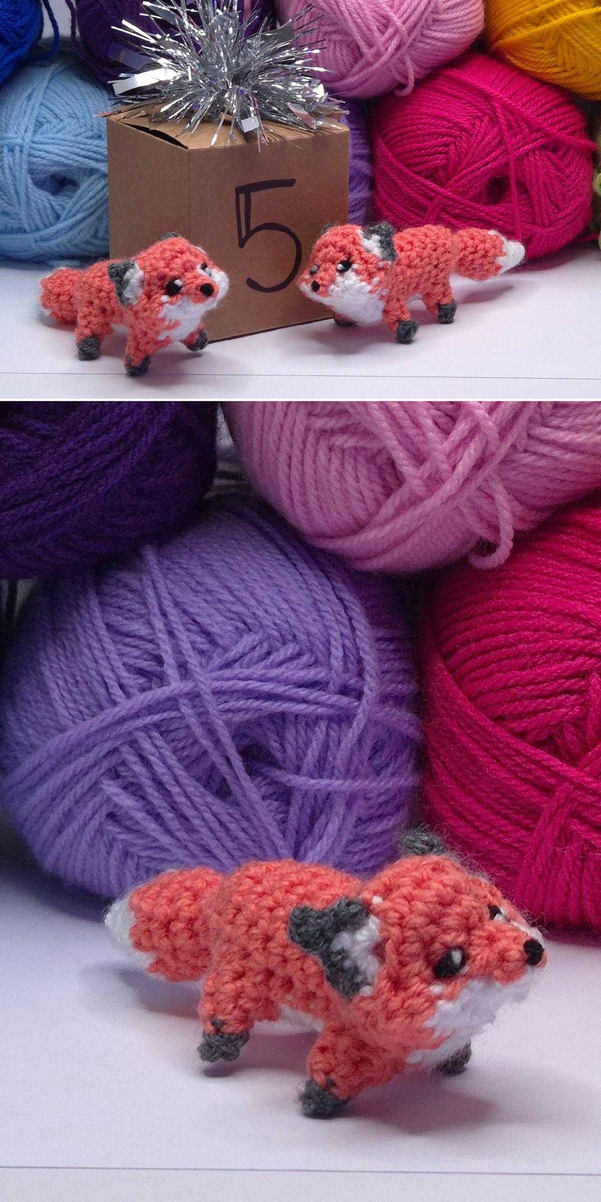 three crochet foxes standing in front of the yarn skeins