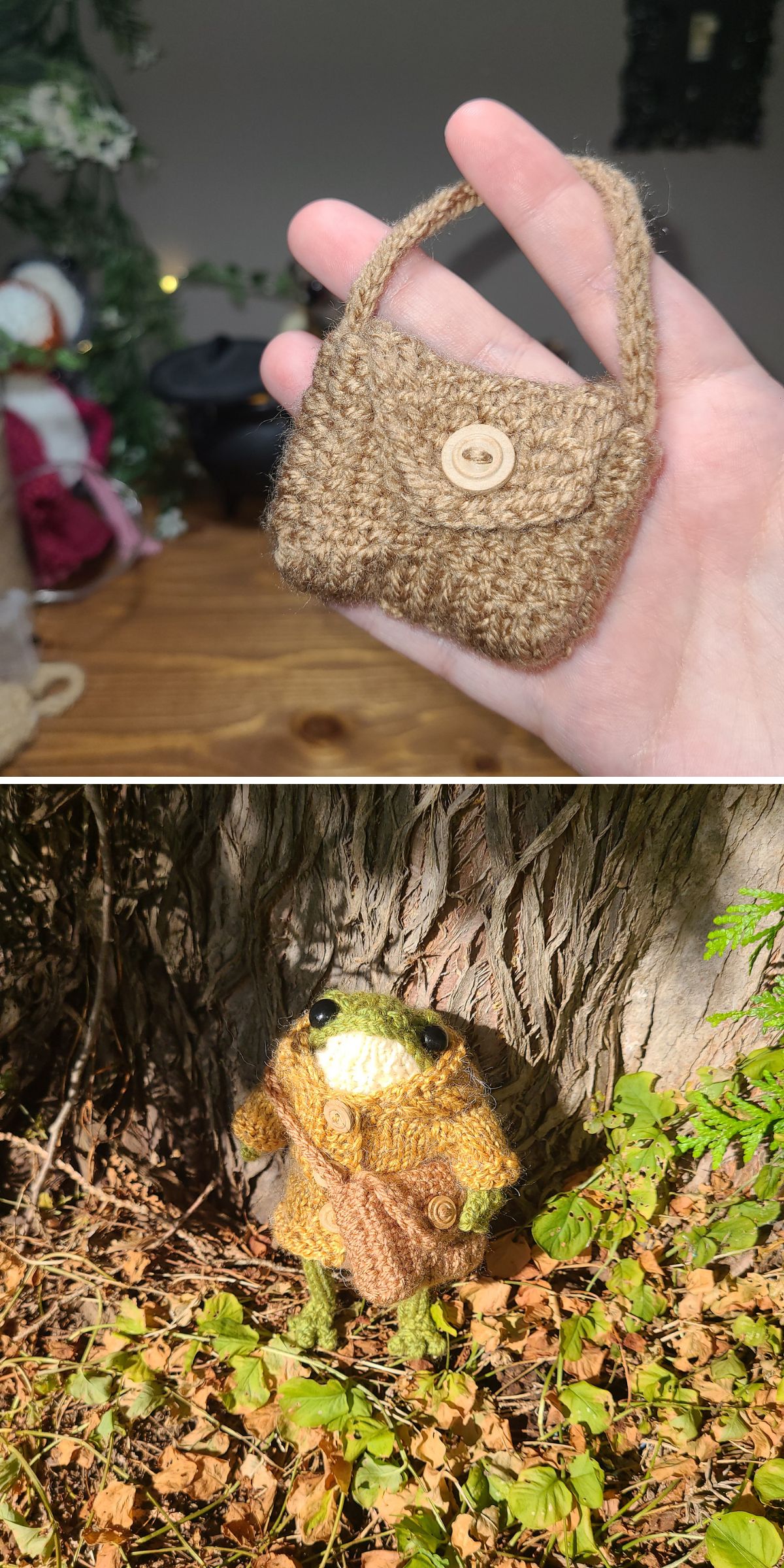 A hand holds a small, knitted brown purse with a button; below, a stuffed frog toy wearing knitted clothes for dolls — a yellow sweater and the same purse — stands outdoors by a tree.