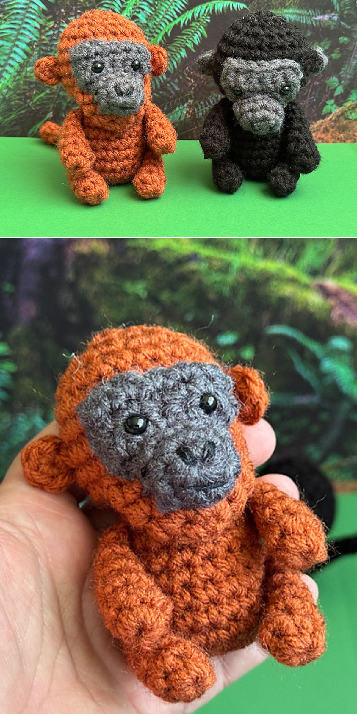 Two crochet monkeys, one orange and one black, sit on a green surface; a close-up shows the orange crochet monkey being held in a hand. Ferns are in the background.