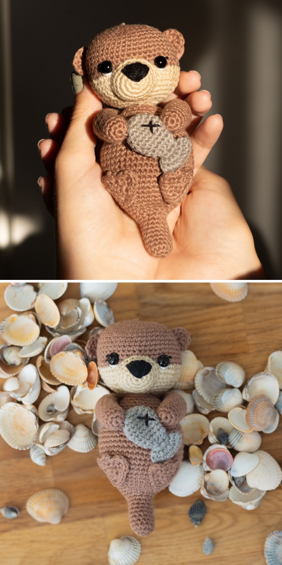 Two photos show a crochet otter holding a gray heart—one nestled in a person's hand, the other surrounded by seashells on a wooden surface.