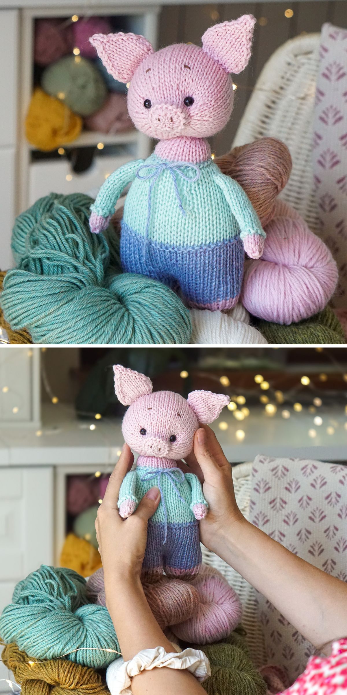 A whimsical knit pig doll in blue and green clothes is surrounded by yarn. In the second image, hands hold the doll upright — a charming example for those seeking free knit patterns or inspiration for whimsical knit toys.