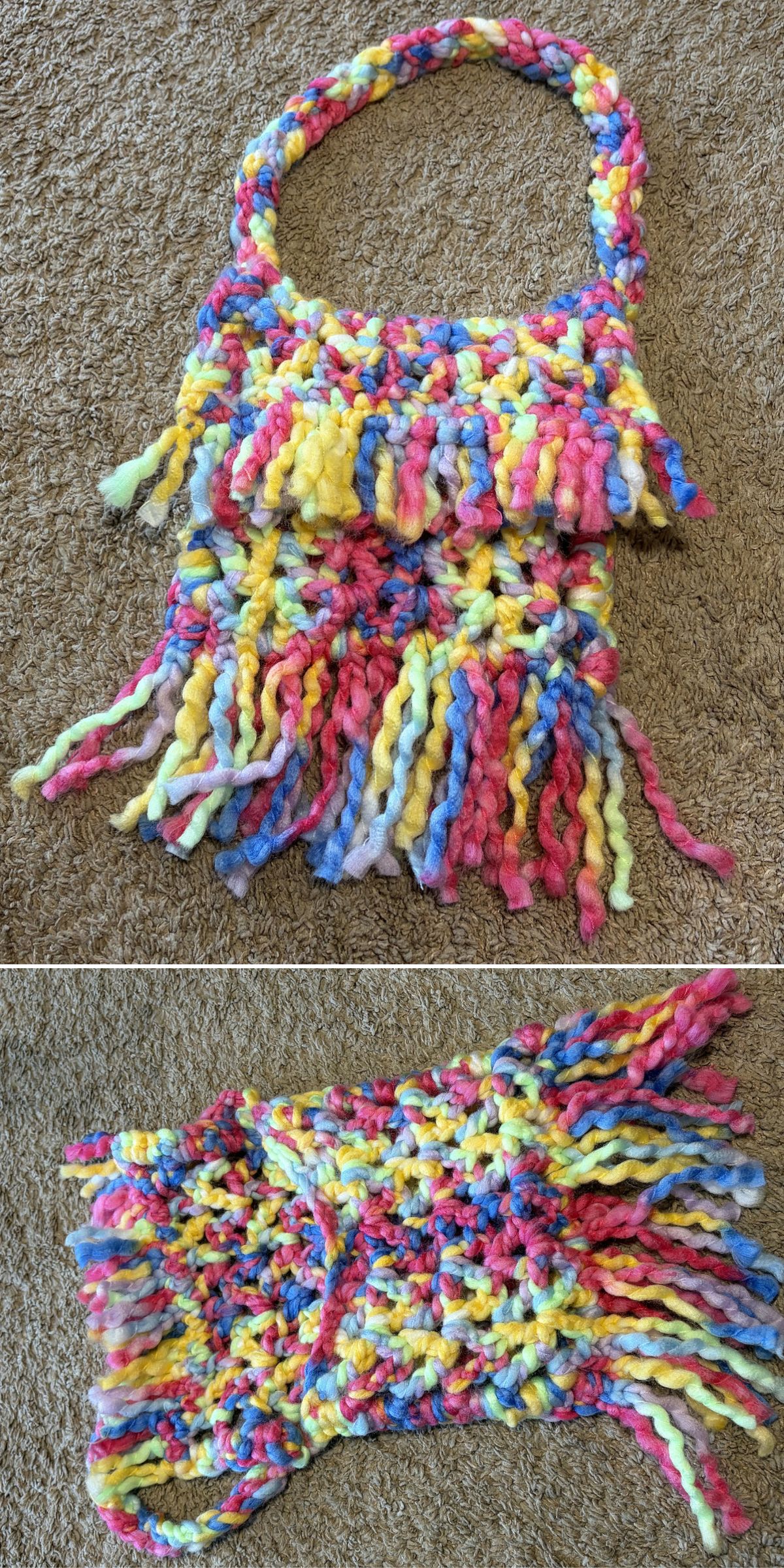 a small multicolored crochet purse with fringes