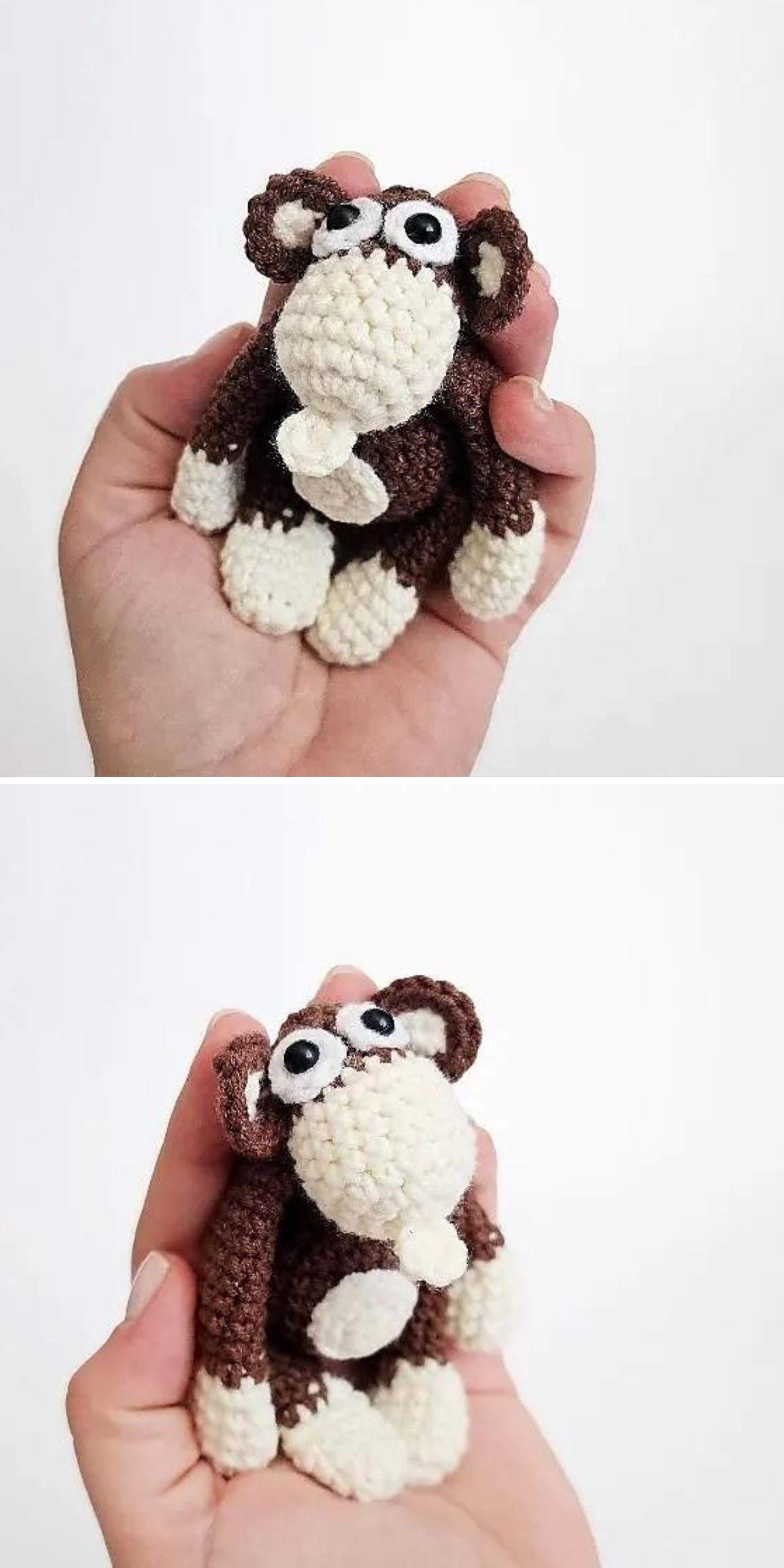 A hand holds a small crochet monkey in brown and white; in the second image, the monkey's face is flipped to reveal a silly, upside-down expression.